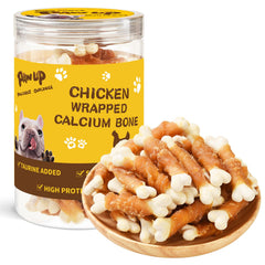 PAWUP chicken-wrapped-puppy-chew-bones closeup showing aroma and chewy texture.