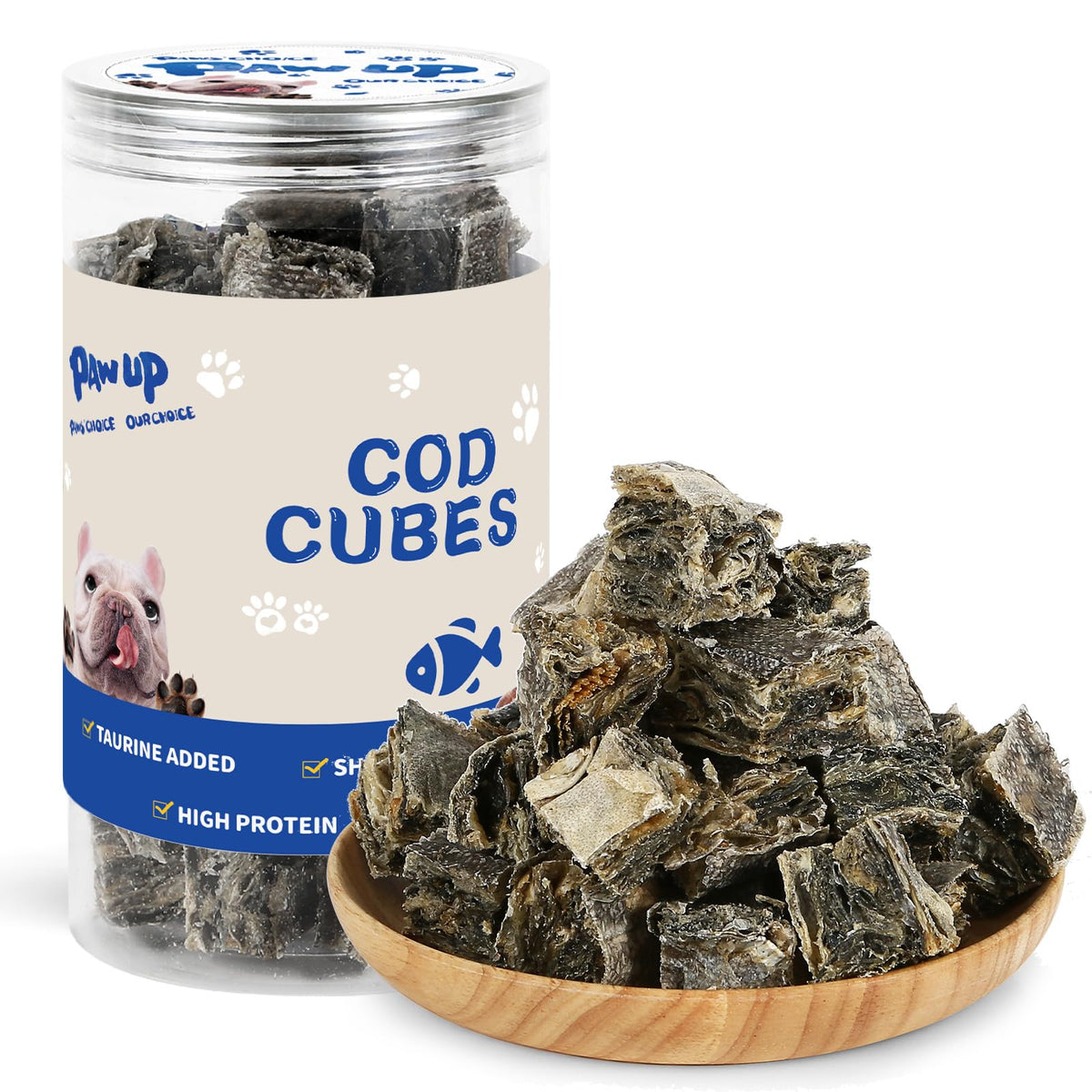 PAWUP Cod Skin Cubes packaging shows grain-free dog treat option