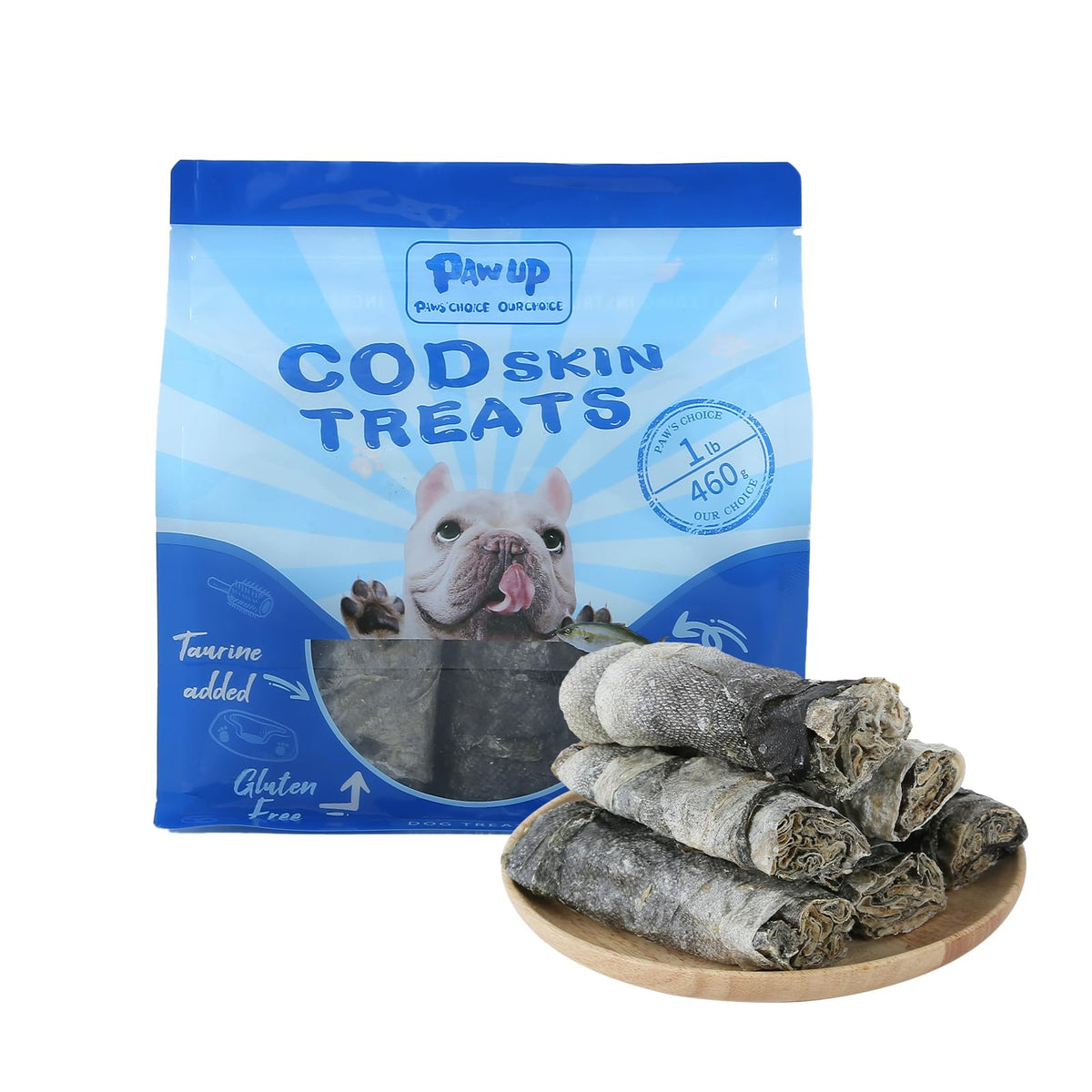 PAWUP Cod Skin Dog Treats packaging: natural fish roll snack for healthy coat support.