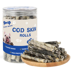 PAWUP Cod Skin Rolls packaging promotes omega-rich snack for coat health.