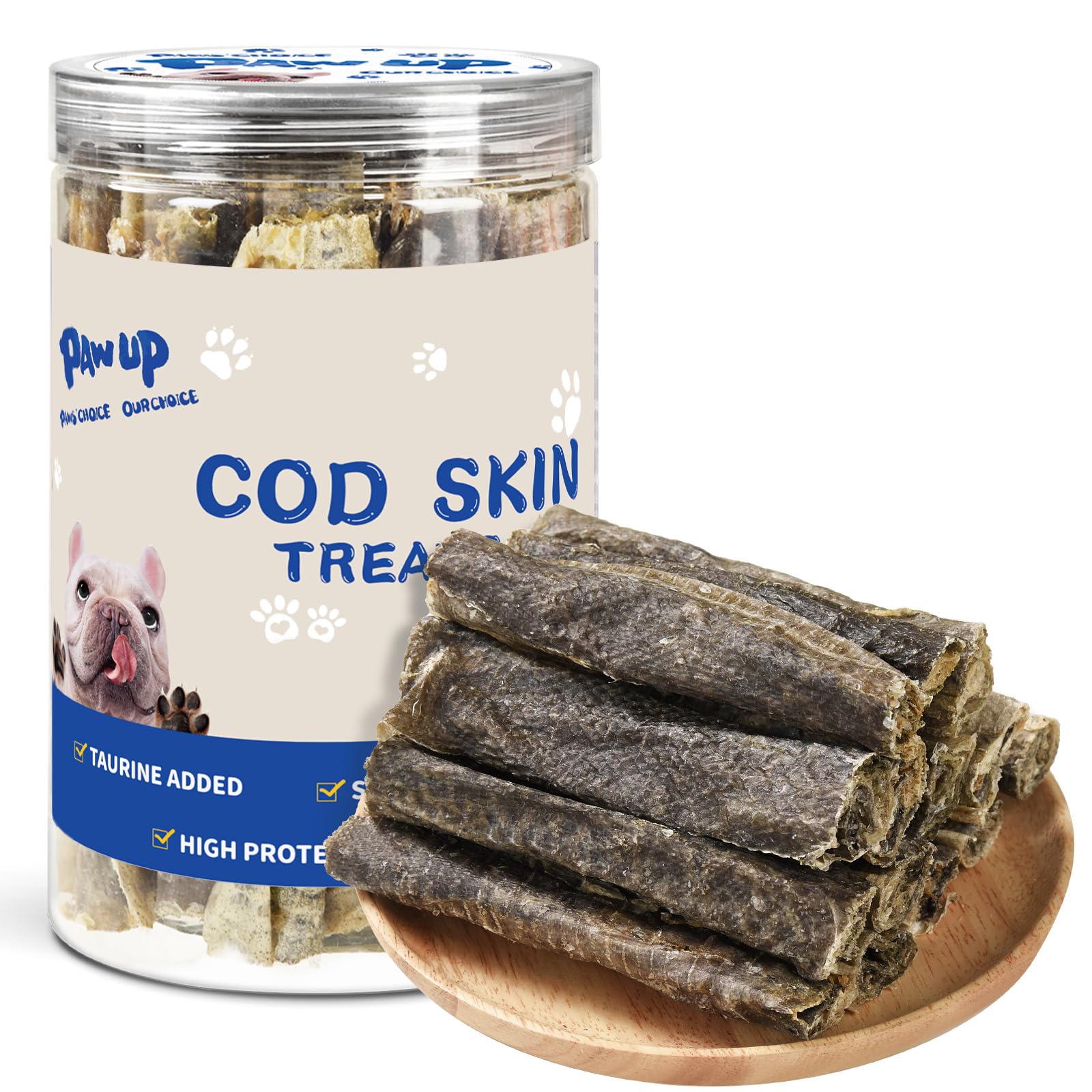 PAWUP cod skins treat rolls packaging highlights grain-free, single-ingredient snacking.