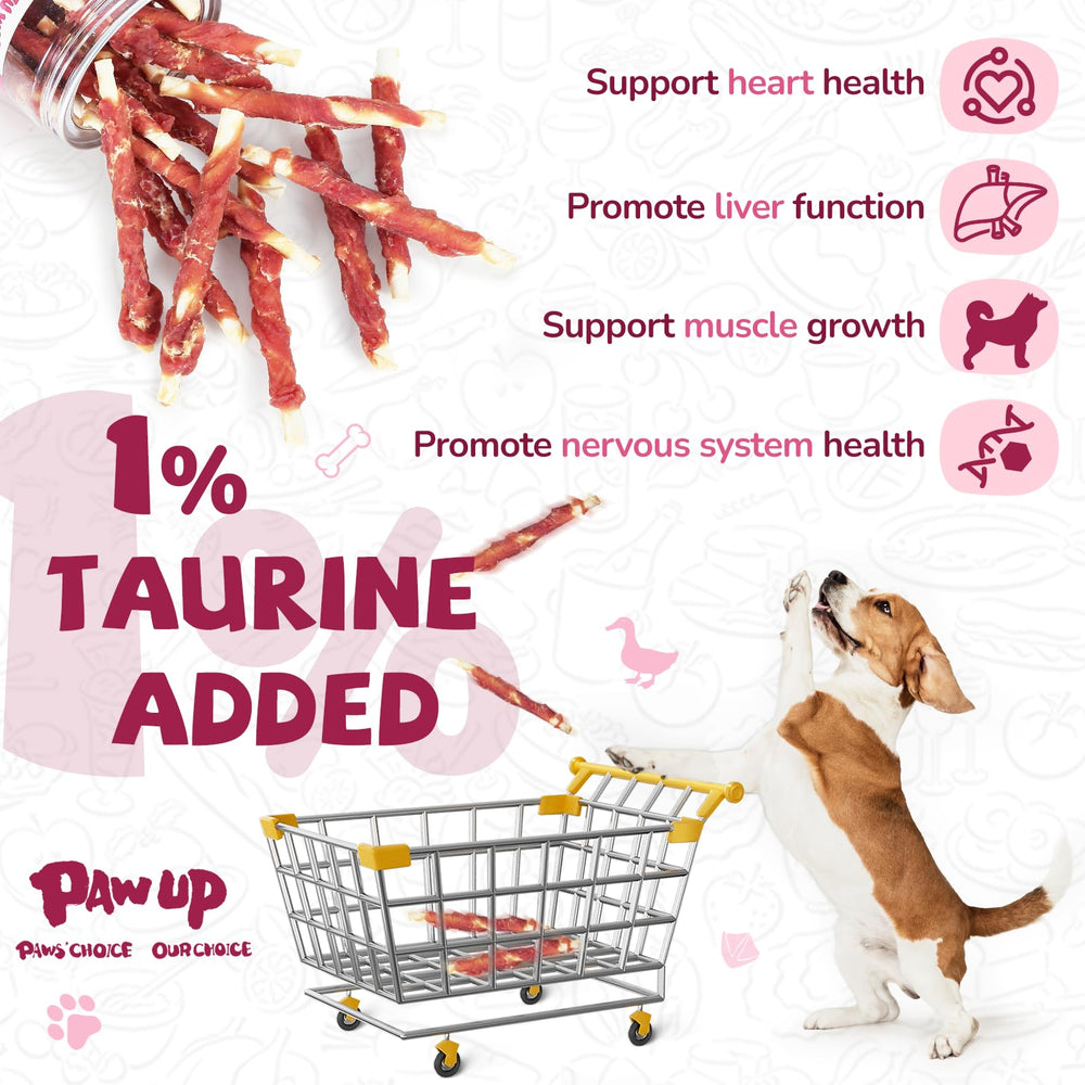 PAWUP duck rawhide stick closeup reveals a crunchy texture ideal for focused chewing