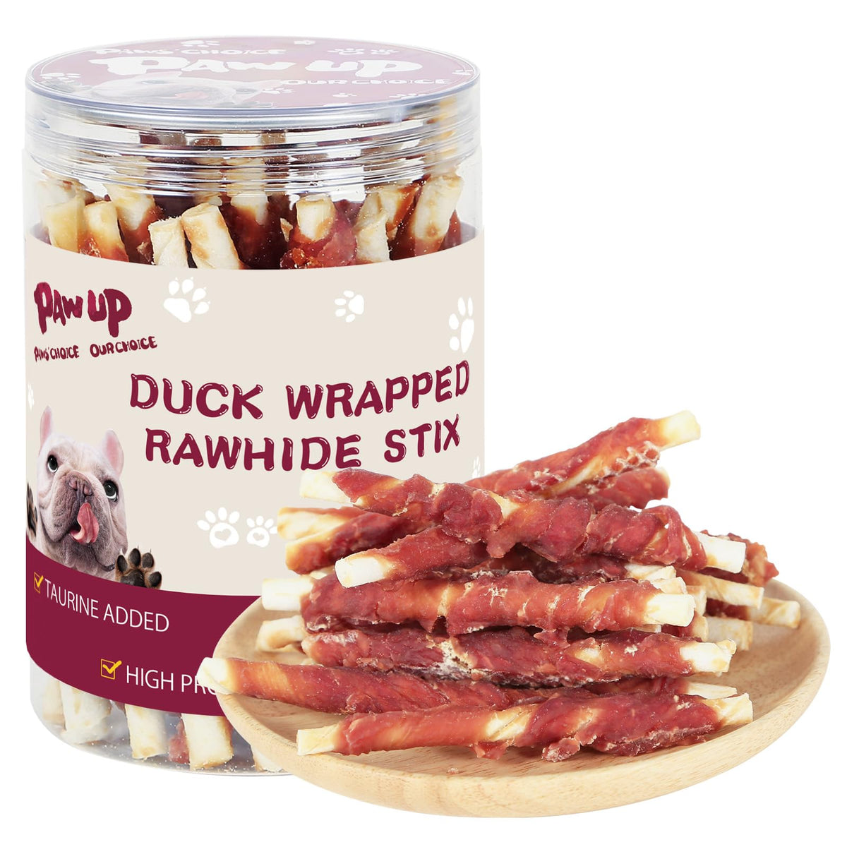 PAWUP dog duck treat rawhide stick packaging shows a wholesome chew for small dogs