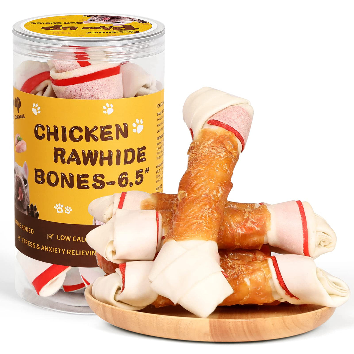 PAWUP rawhide chicken bones, 6.5-inch four-pack for durable chewing and enrichment.