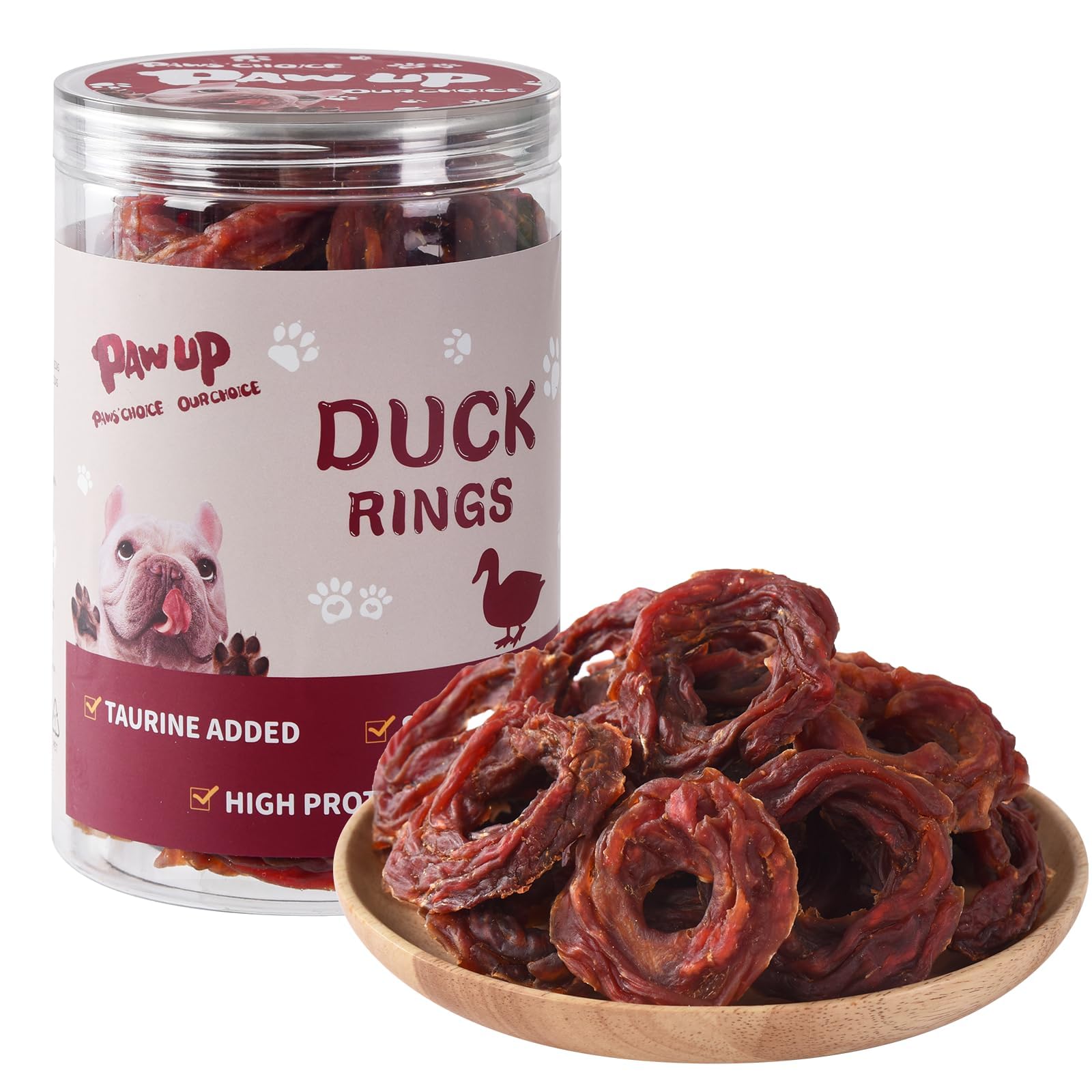 PAWUP Duck Jerky Rings packaging highlights grain-free, hypoallergenic dog snack.
