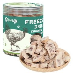 PAWUP Freeze Dried Chicken Neck Treats packaging emphasizes a single-ingredient feature for training snacks.