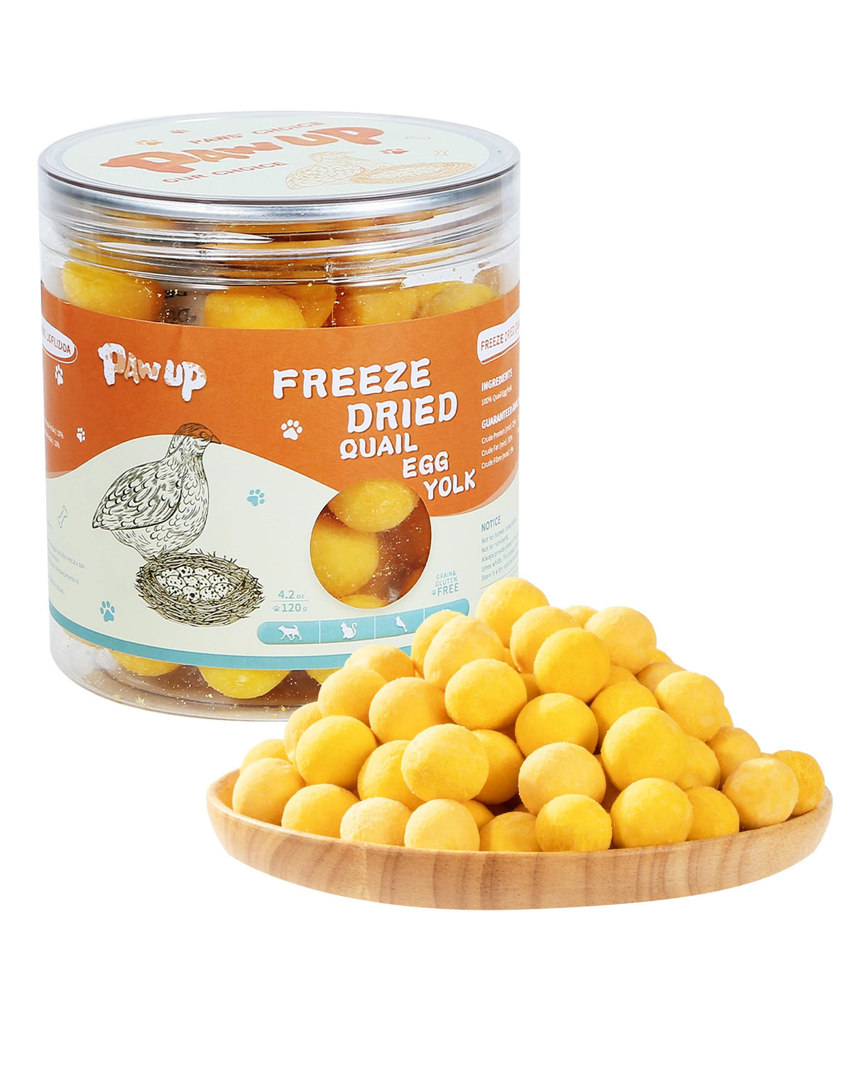 PAWUP freeze-dried quail egg yolk treats bag shows a protein-rich training reward.