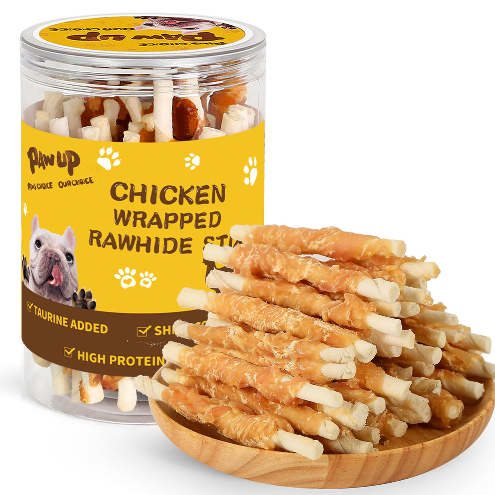 PAWUP packaging showing chicken-wrapped rawhide sticks designed as long-lasting chews.
