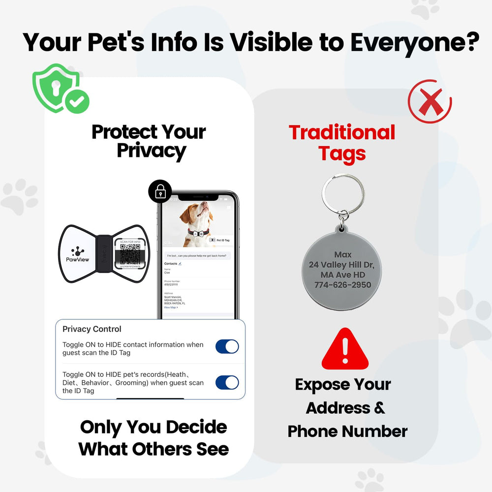PawView bowtie-tag slide-on design keeps ID secure on the collar