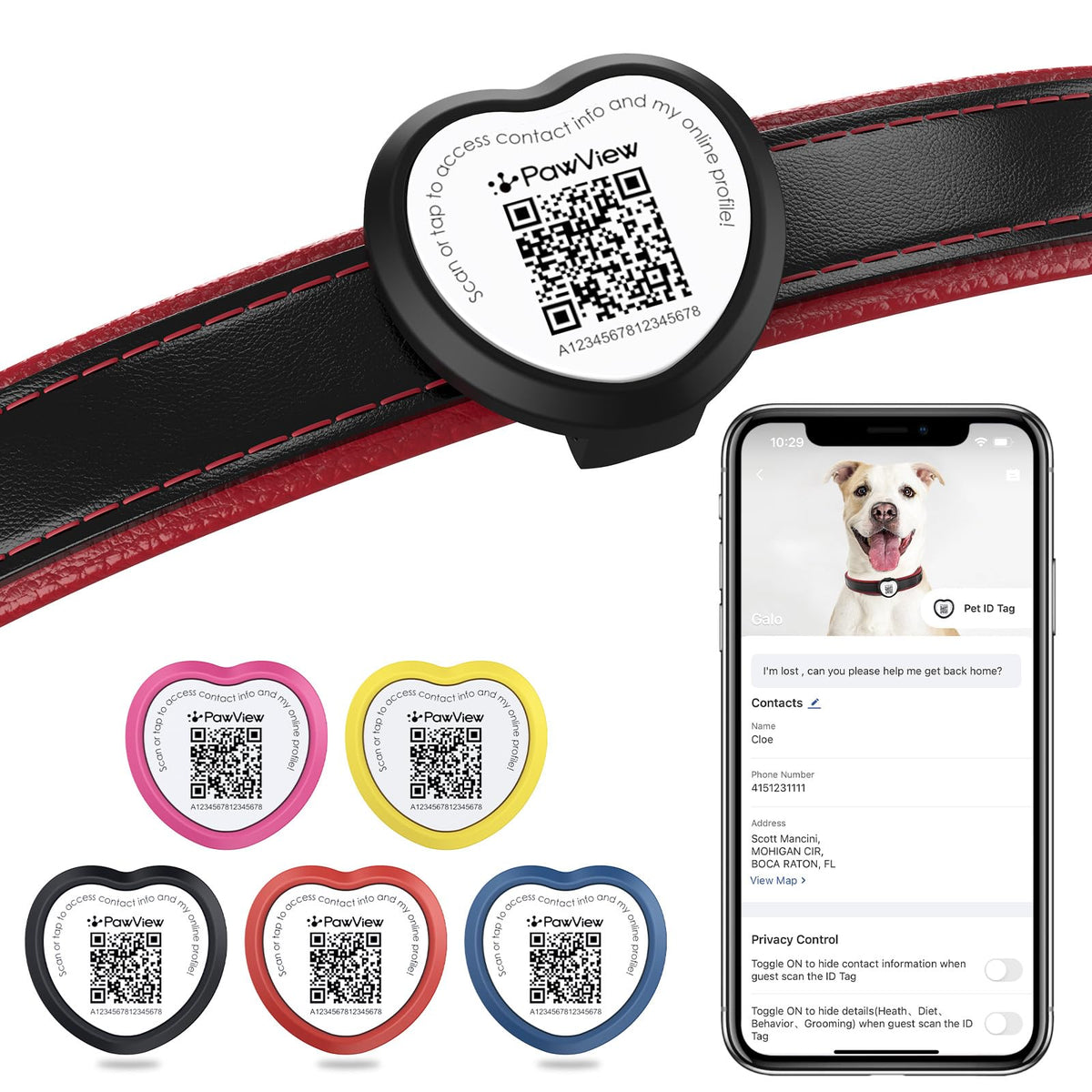 PawView heart-shaped silicone tag closeup offering comfortable daily wear.