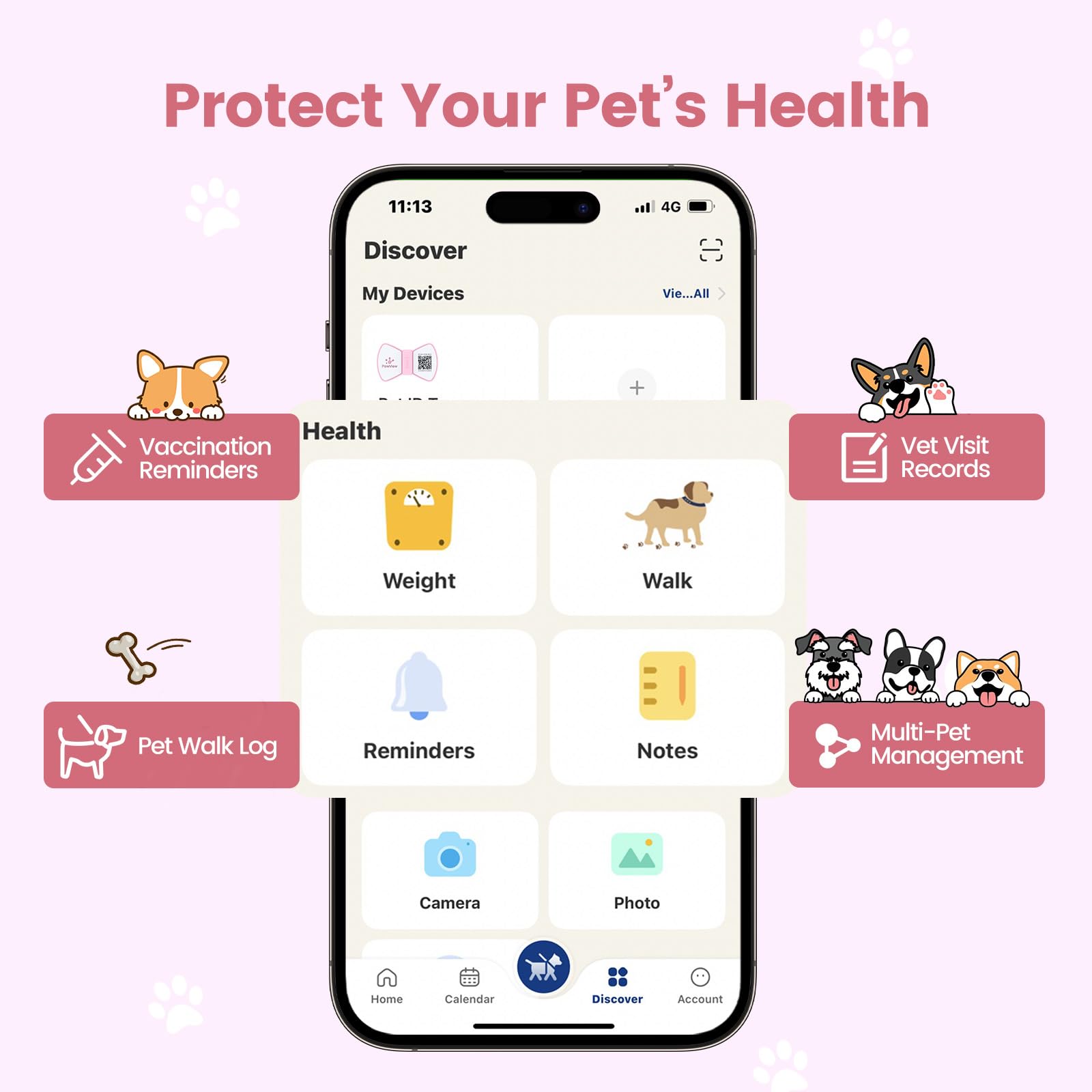 PawView pet profile tag pink view shows comprehensive health reminders.