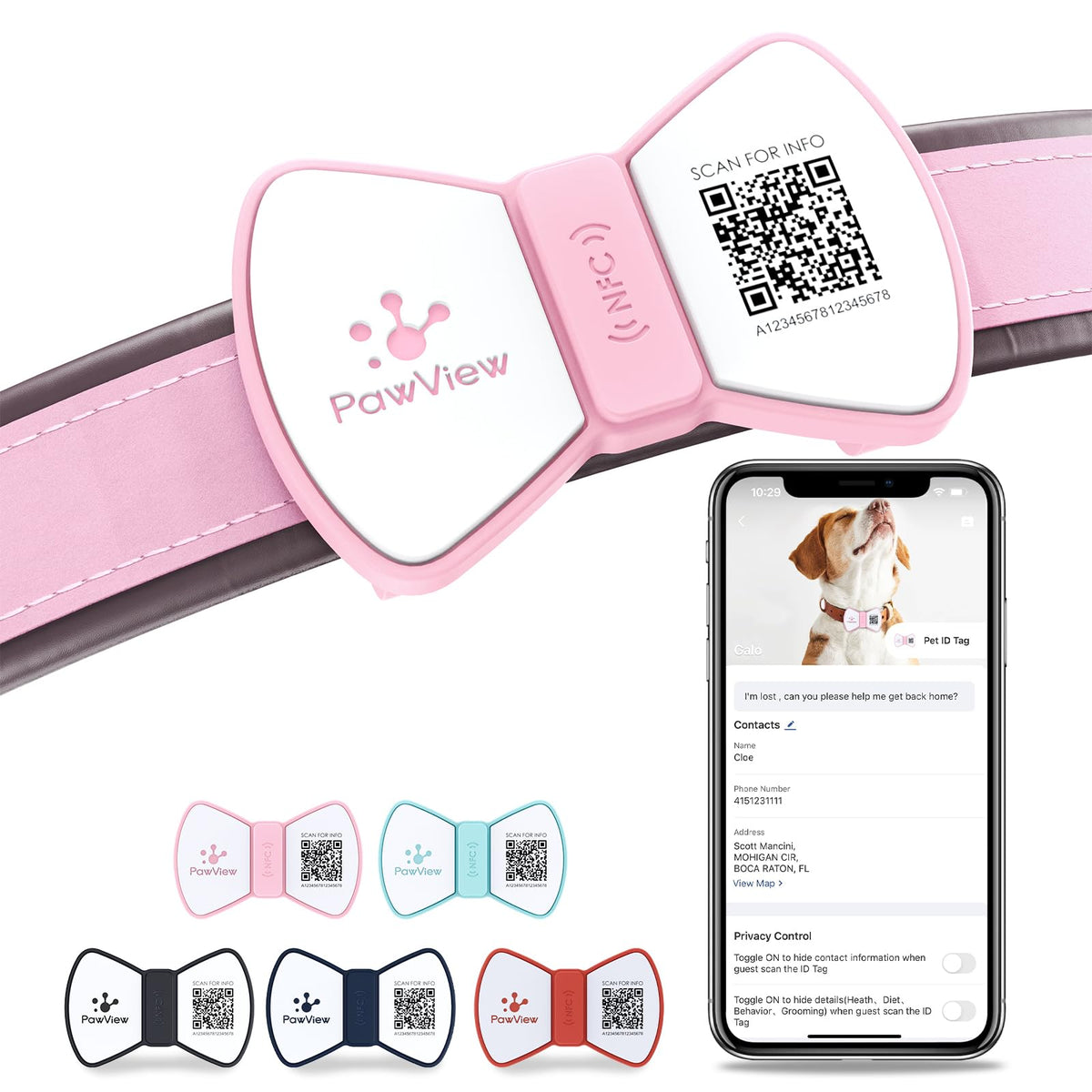 PawView pink bowtie tag front view adds style and secure pet ID.