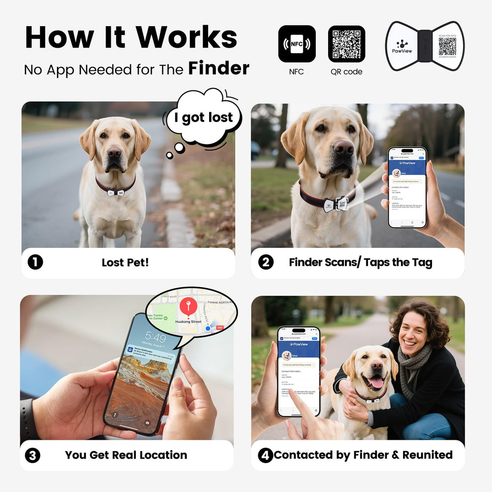 PawView QR/NFC dog tag enables fast location alerts for reunions