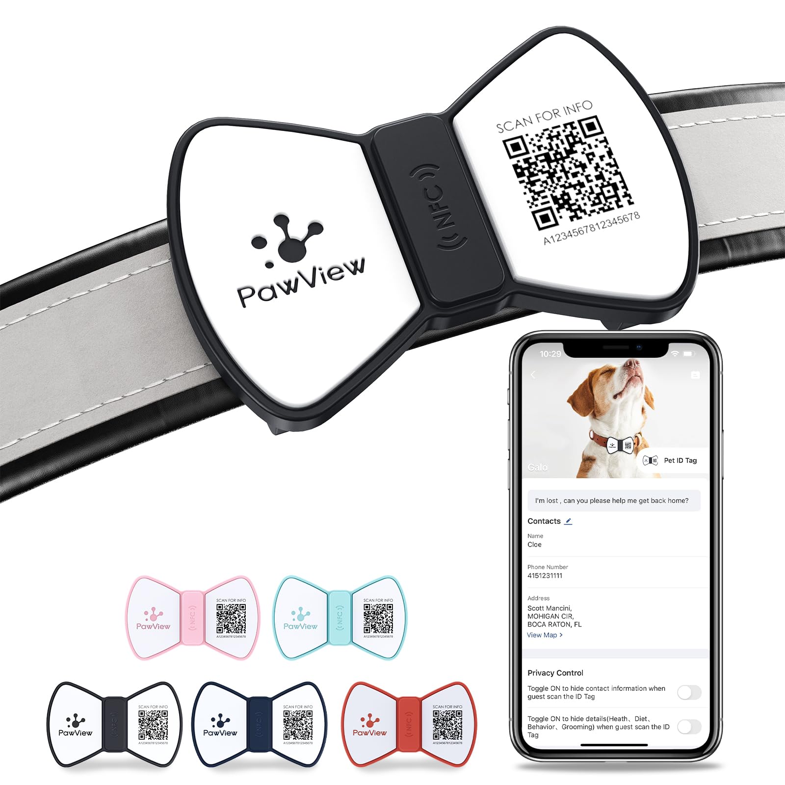 PawView silent silicone dog tag with bowtie on black tag reduces noise during walks