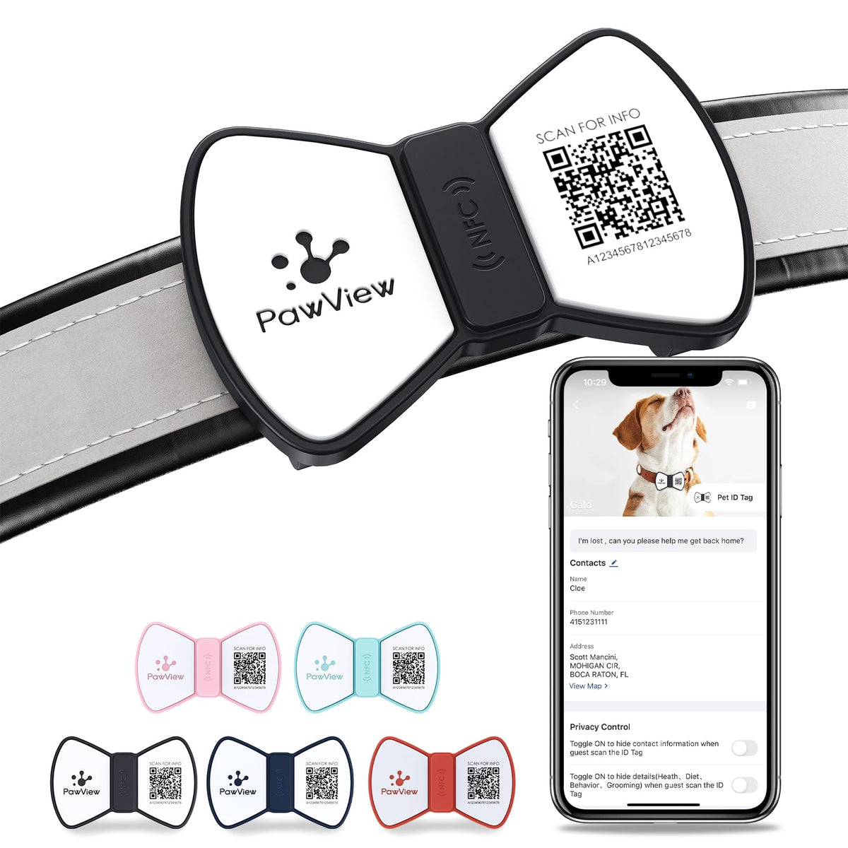 PawView silent silicone dog tag with bowtie on black tag reduces noise during walks