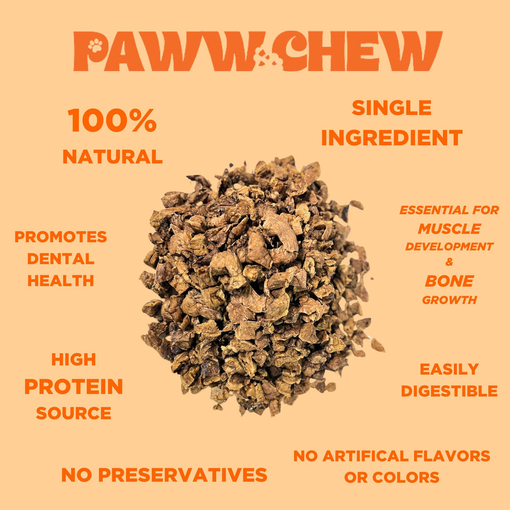 PAWW CHEW beef lung treat in bowl suggests convenient, long-lasting chews for focus.