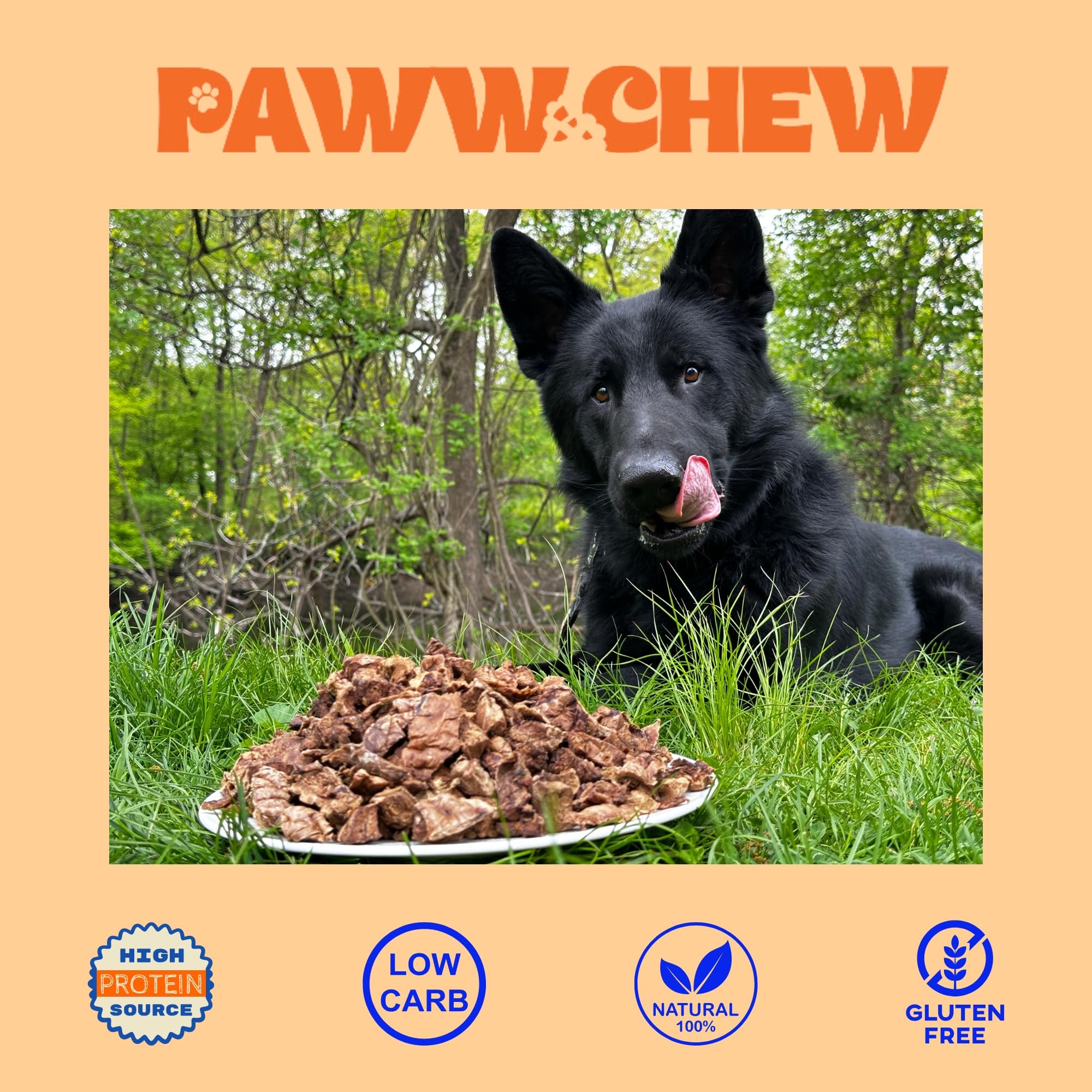 PAWW CHEW dried beef lung snack emphasizes grain-free protein with low odor for homes.