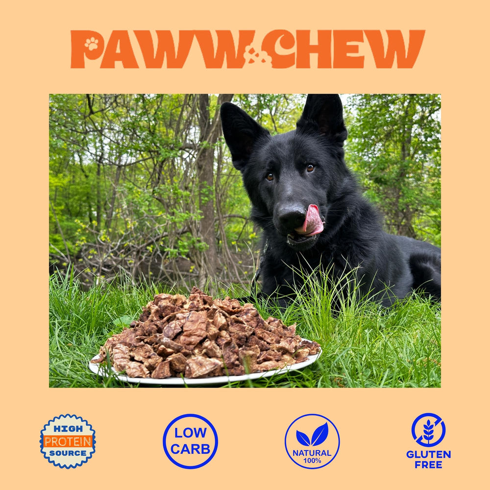 PAWW CHEW dried beef lung snack emphasizes grain-free protein with low odor for homes.