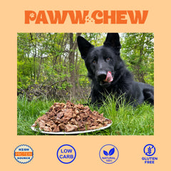 PAWW CHEW dried beef lung snack emphasizes grain-free protein with low odor for homes.
