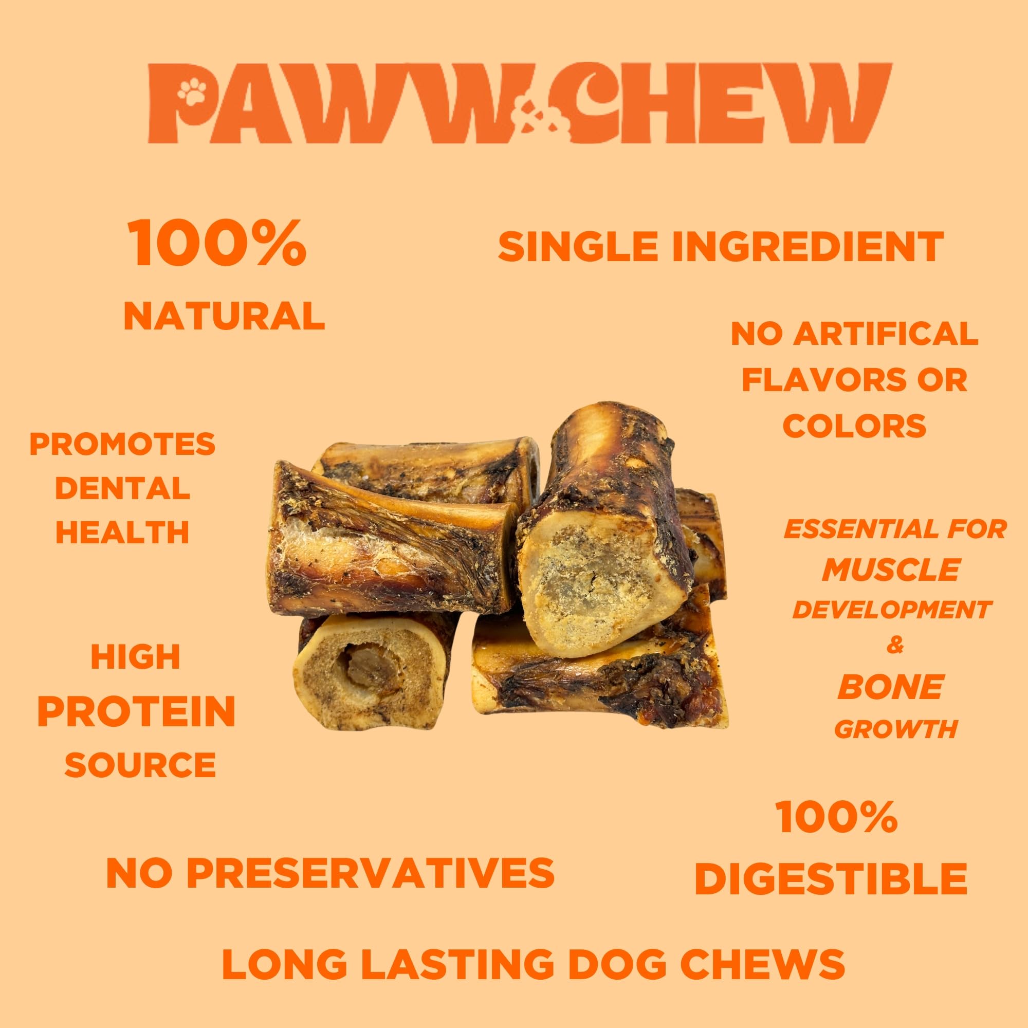 PAWW CHEW marrow bone texture closeup suggests natural, protein-rich treat option