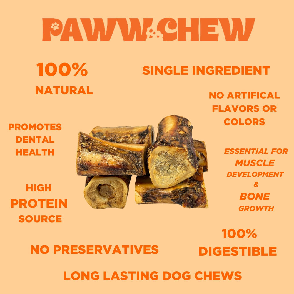 PAWW CHEW marrow bone texture closeup suggests natural, protein-rich treat option