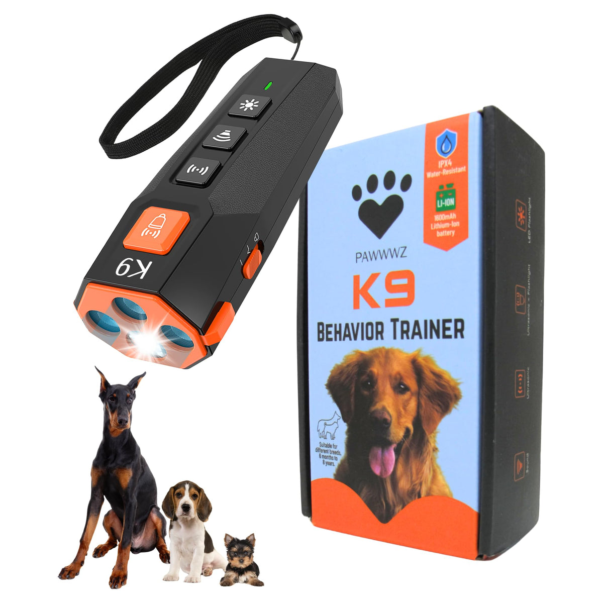 Pawwwz K9 bark deterrent front view highlights compact indoor training