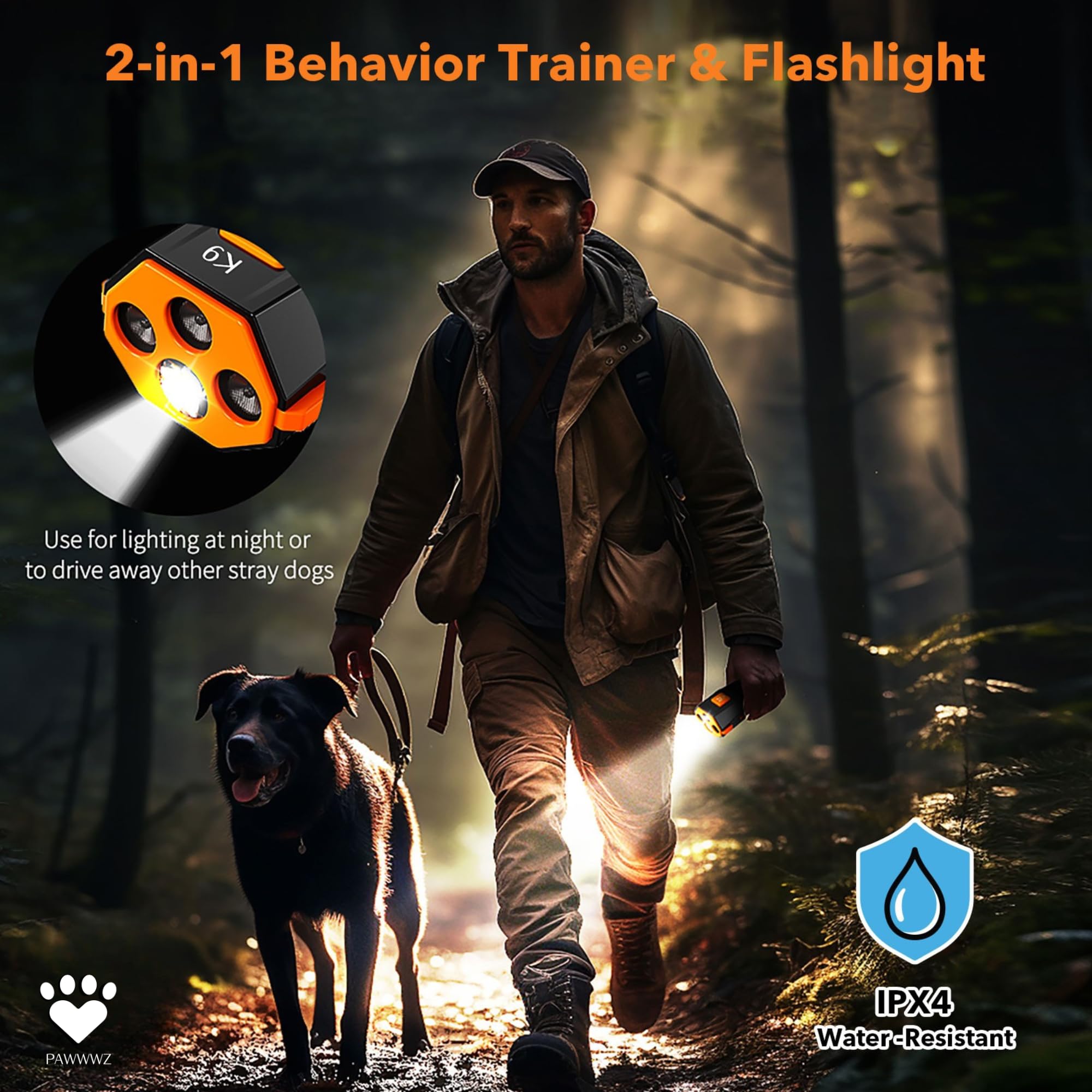Pawwwz K9 bark deterrent LED flashlight device for night-time visibility and safety