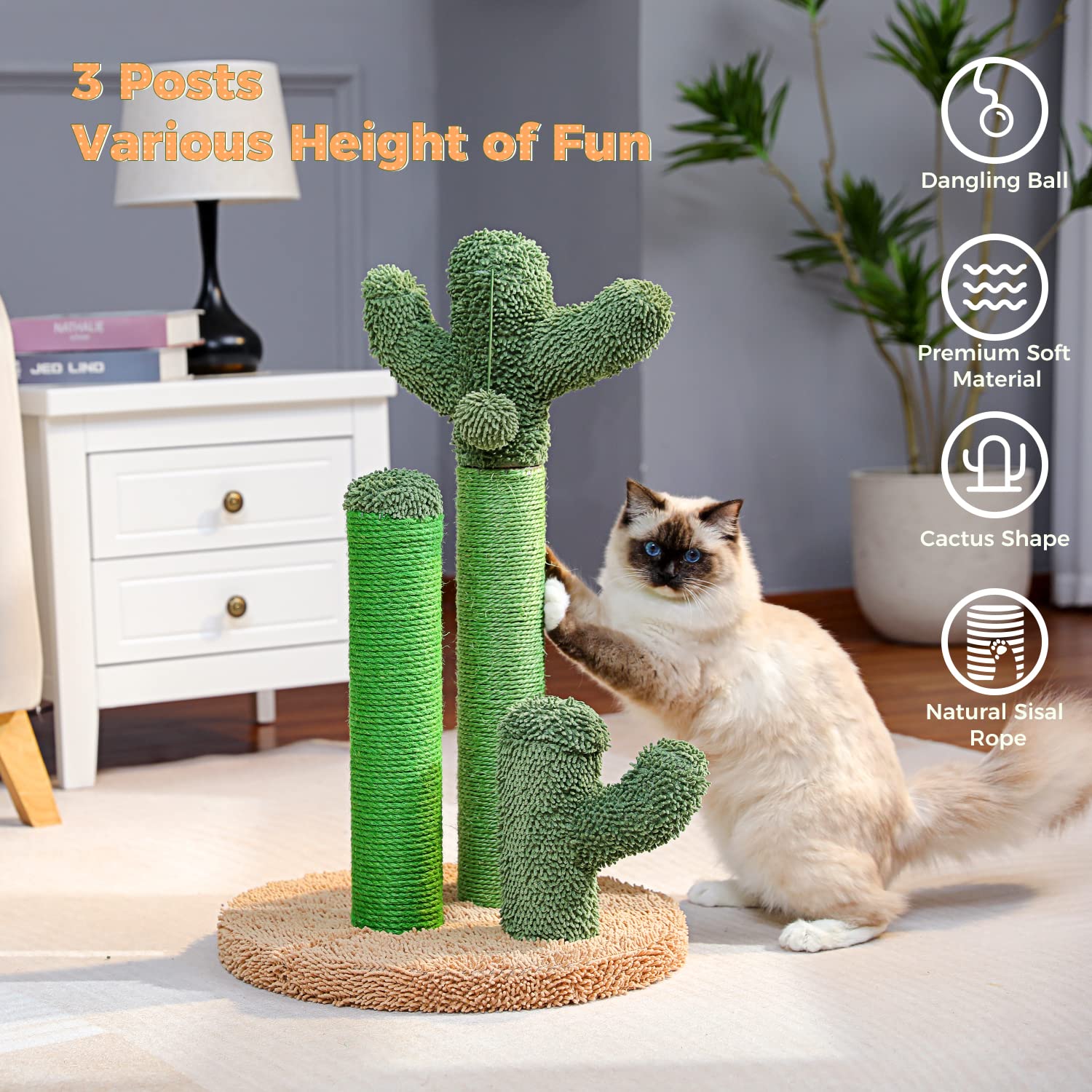 PAWZ Road cat scratching post cactus green-sisal-posts give natural scratching surface for furniture protection.