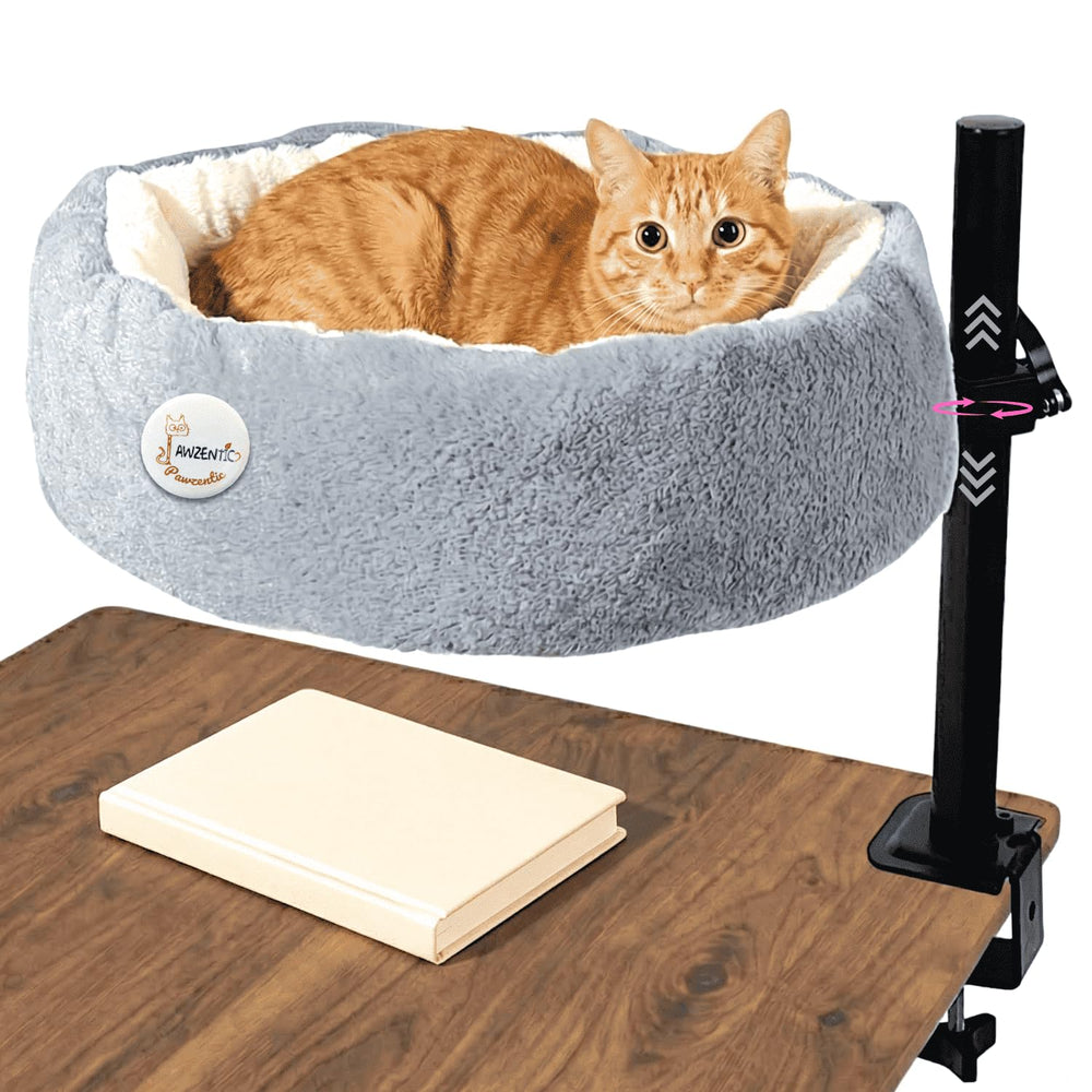 Pawzentic cat desk bed shows one-button lift and rotate for easy height adjustment.