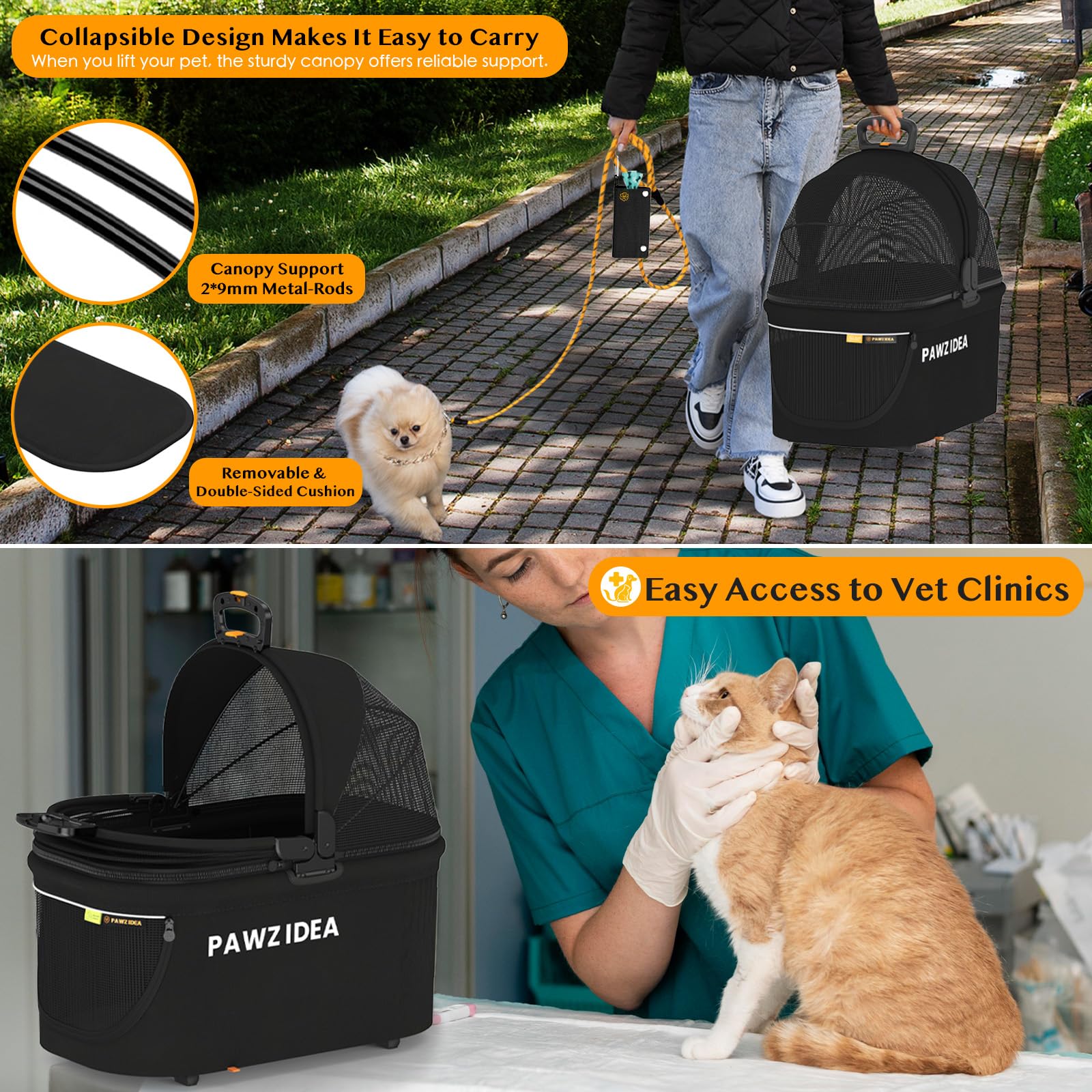 PAWZIDEA all-terrain wheels absorb shocks on grass and gravel.
