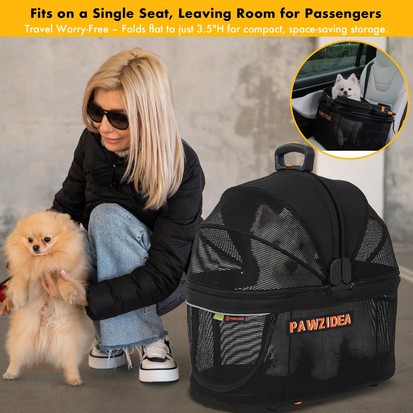 PAWZIDEA compact crate with storage pocket for pet essentials.