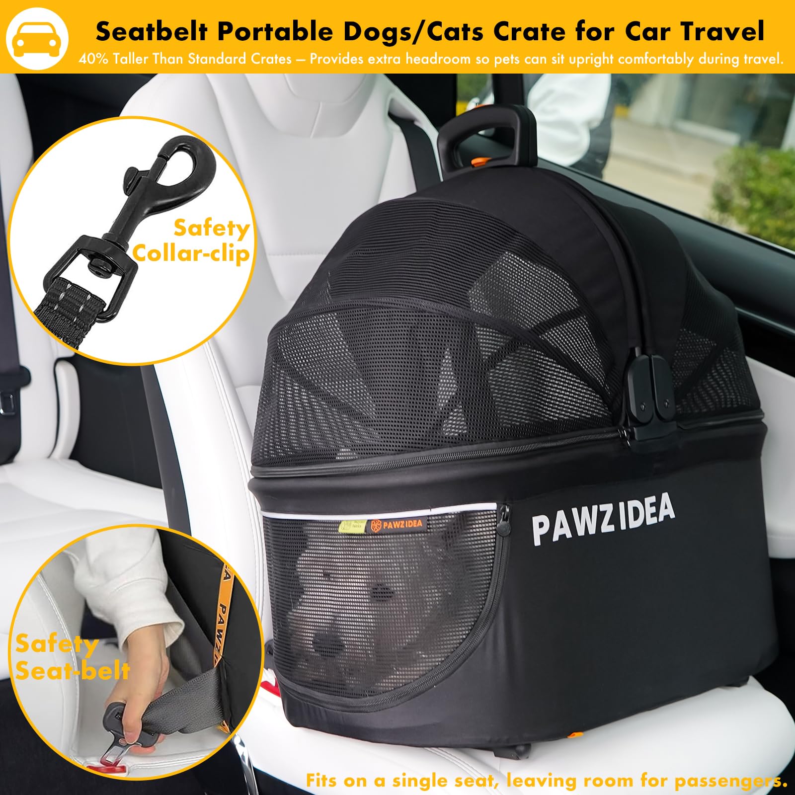 PAWZIDEA crate interior view highlighting generous headroom for pets.