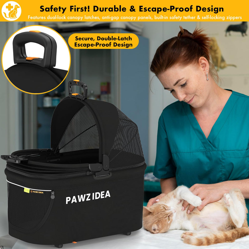 PAWZIDEA crate on car seat secured with seatbelt for safe road trips.