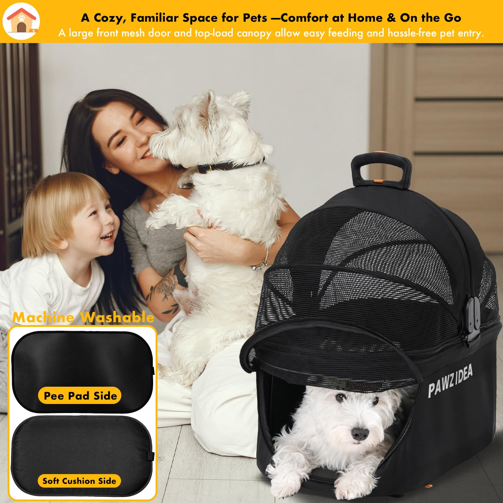 PAWZIDEA crate removable cushion, machine-washable for easy cleaning.