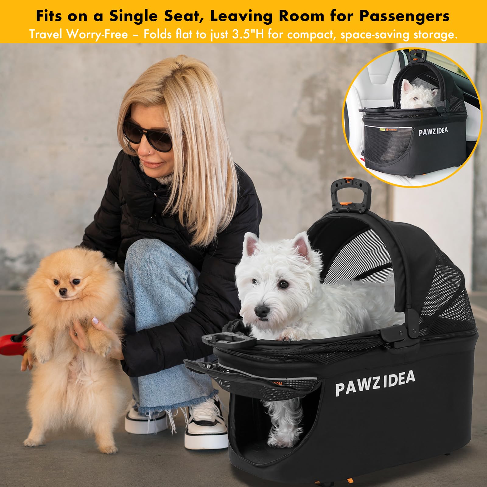 PAWZIDEA crate side pocket storage for pet essentials during trips.