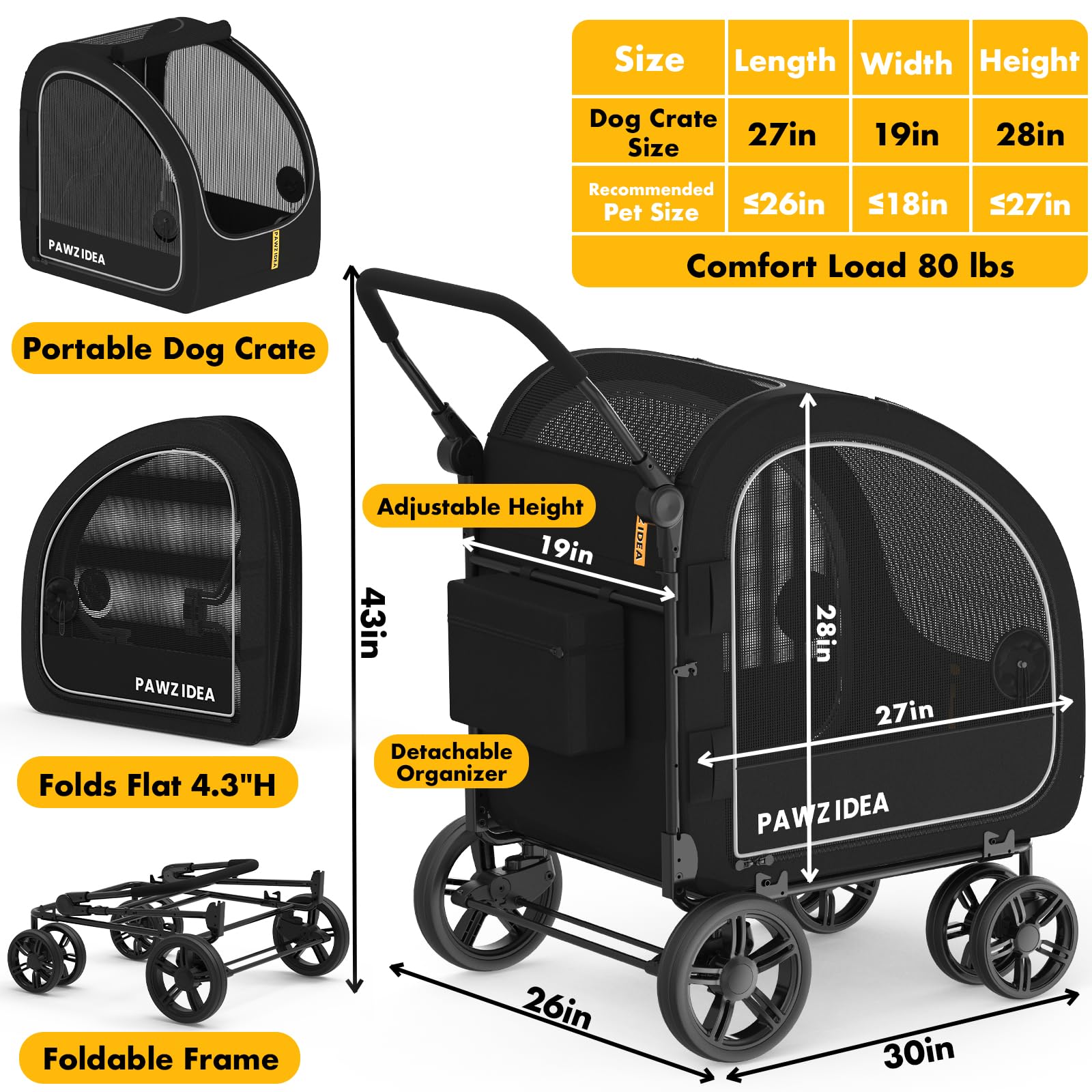 PAWZIDEA detachable carrier in stroller base enabling flexible car travel