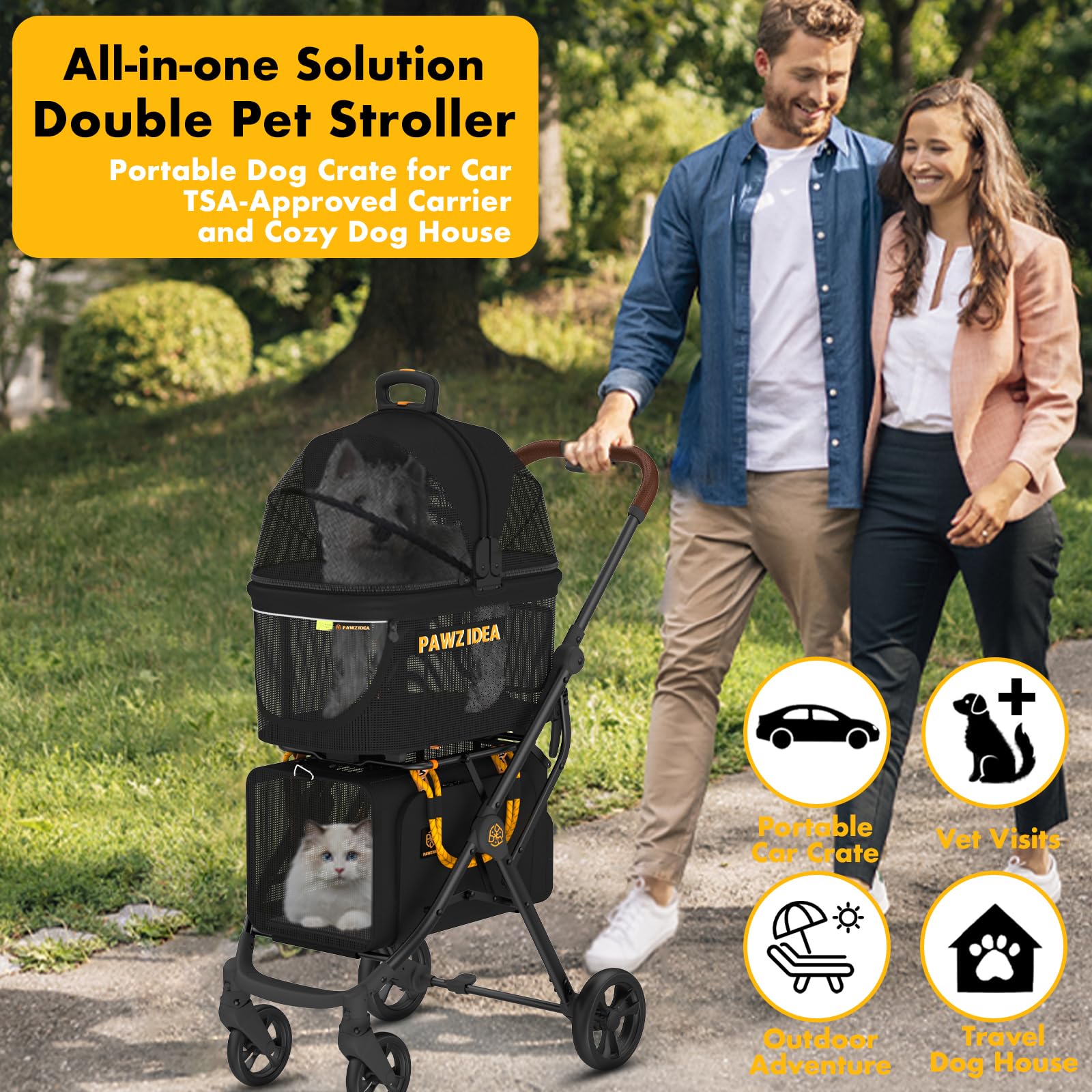 PAWZIDEA double-pet-stroller bottom-carrier expandable space for stretching pets