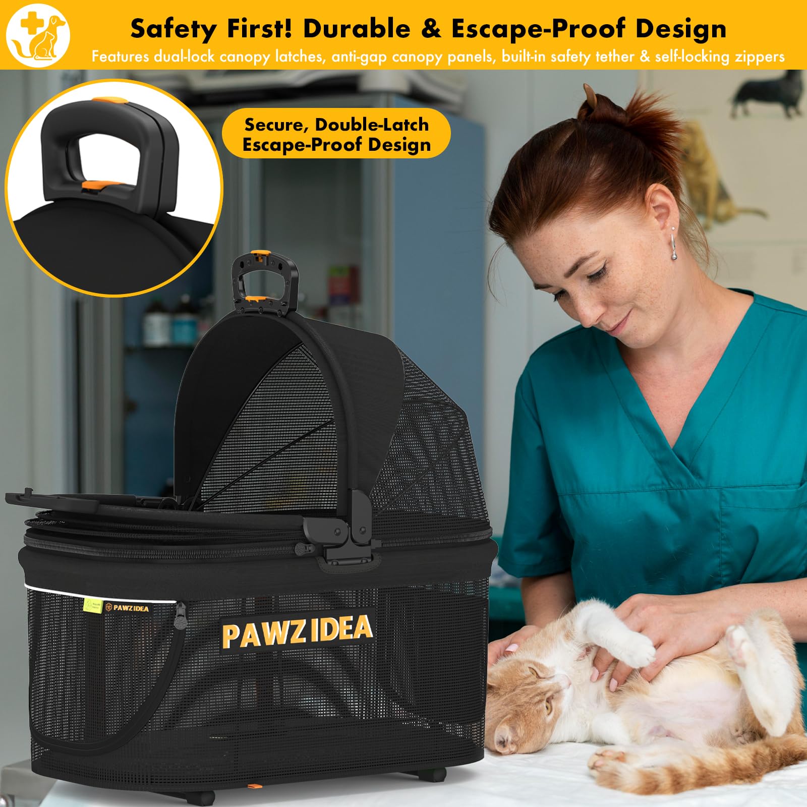 PAWZIDEA dual-lock canopy latches emphasize secure closure during car rides.