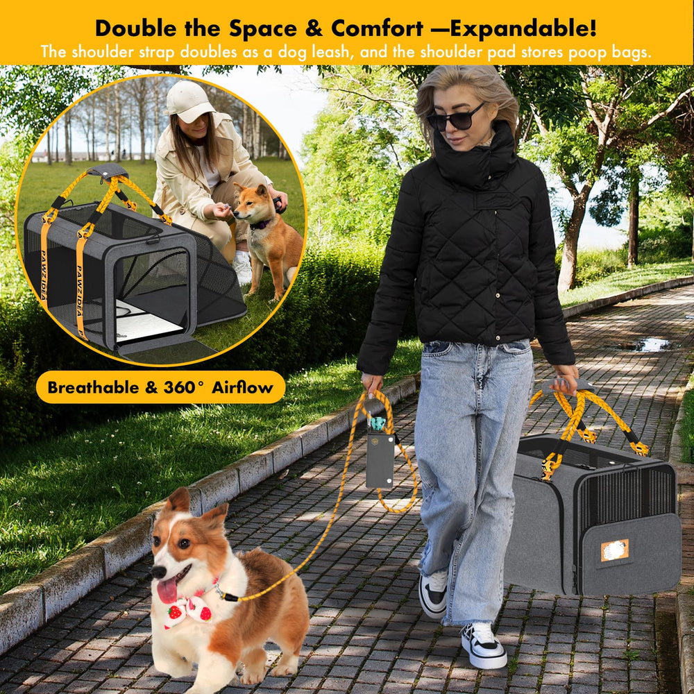 PAWZIDEA 4-in-1 carrier supports car crate, handheld, shoulder, or wheeled use.