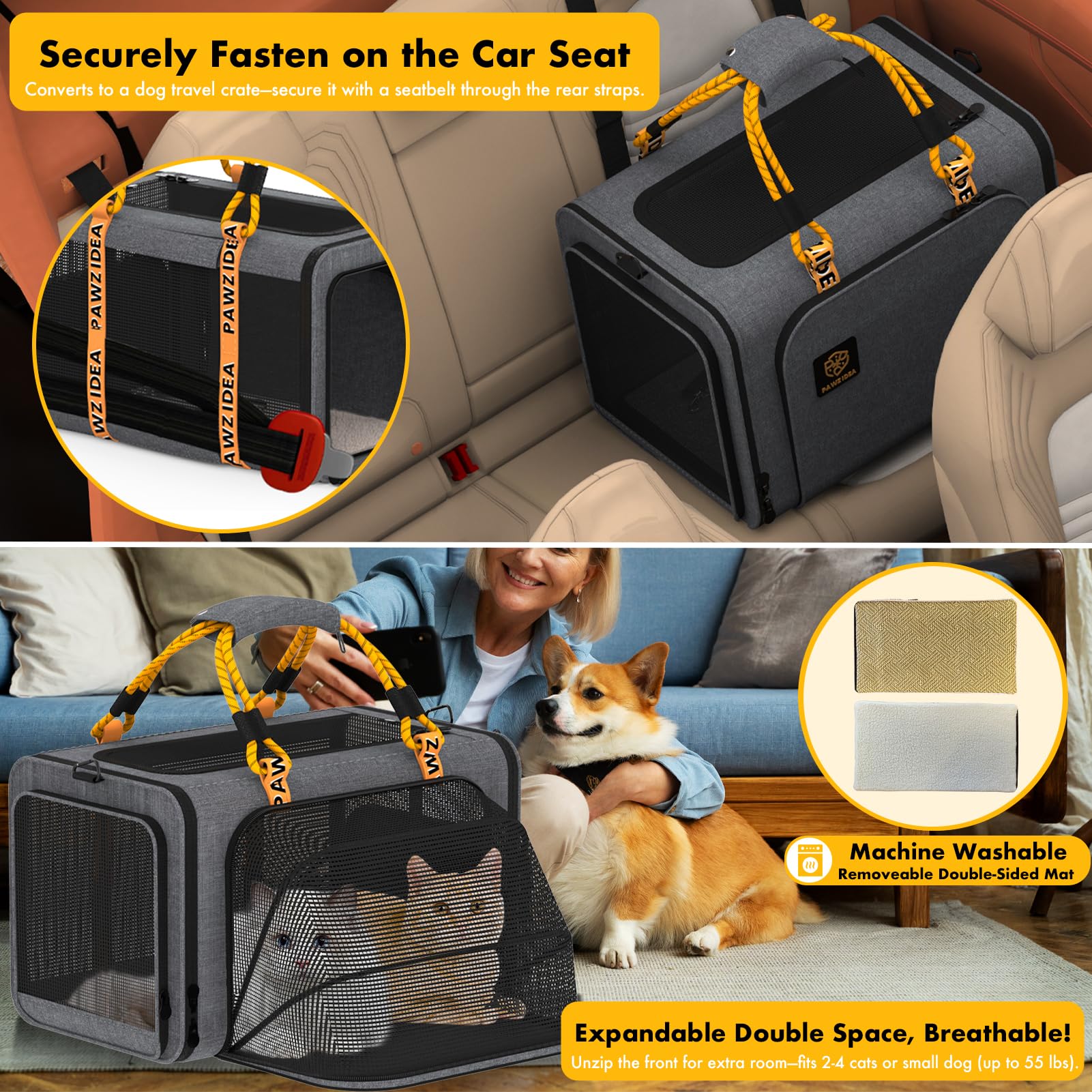 PAWZIDEA expandable carrier compact-fold design for easy storage and travel.