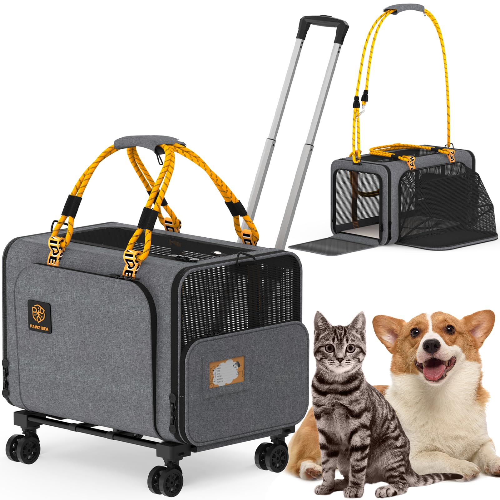 PAWZIDEA expandable carrier front view highlights extra space for multi-pet travel.