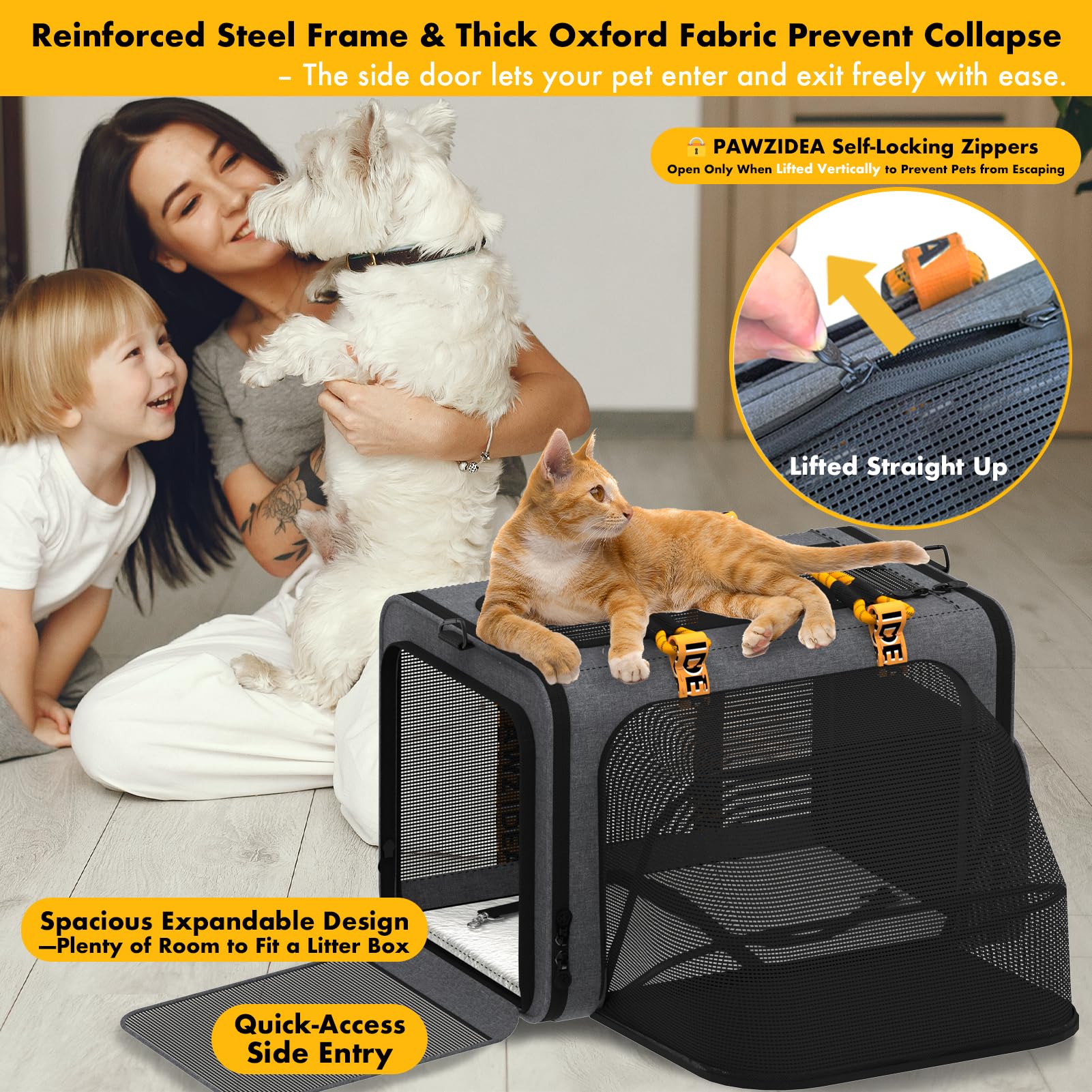 PAWZIDEA expandable carrier side pocket for travel essentials during trips.
