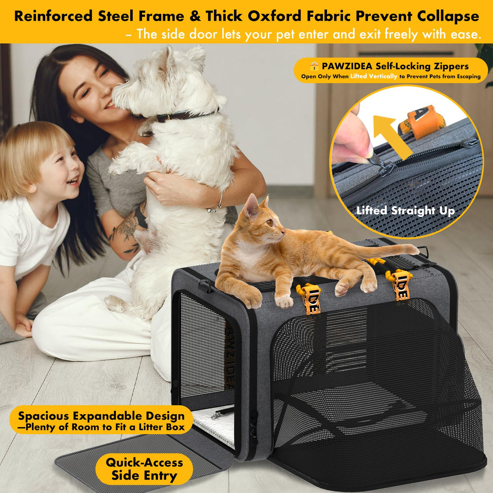 PAWZIDEA expandable carrier side pocket for travel essentials during trips.