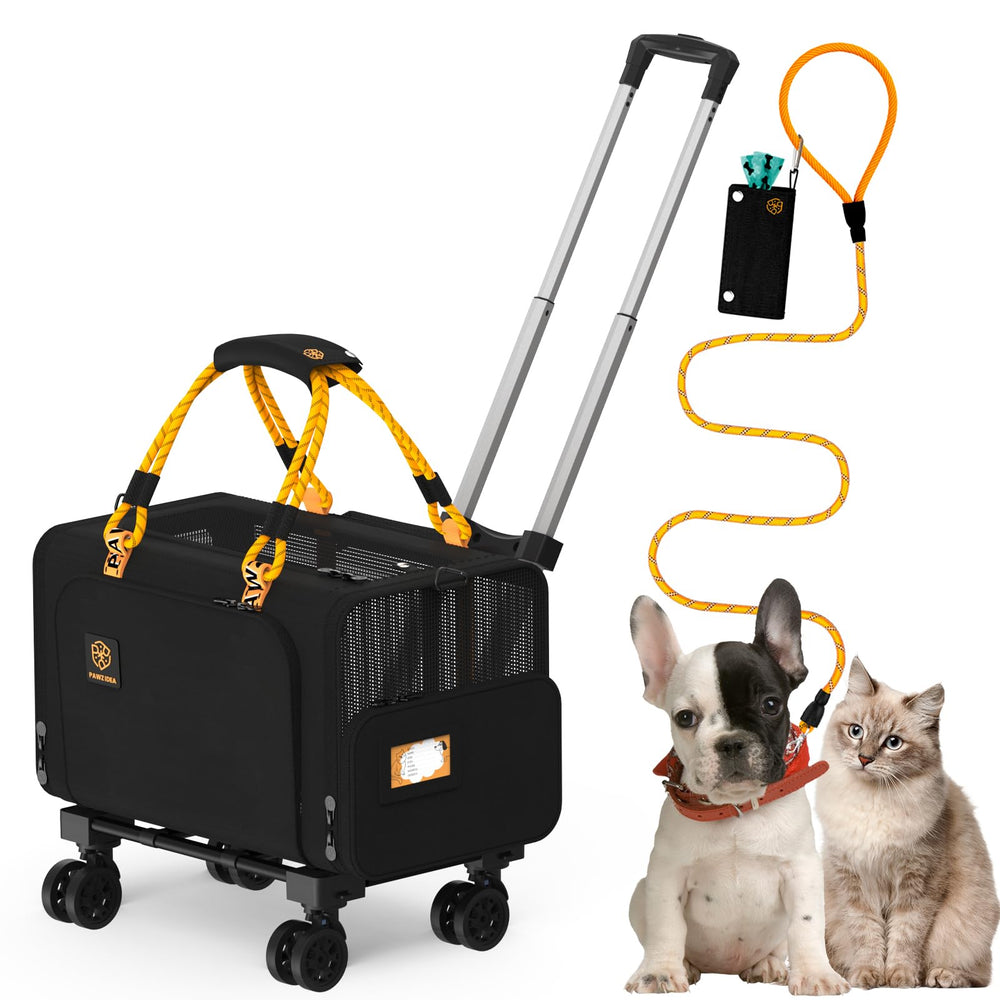 PAWZIDEA expandable under-seat carrier shows compact travel with spacious interior when unzipped.