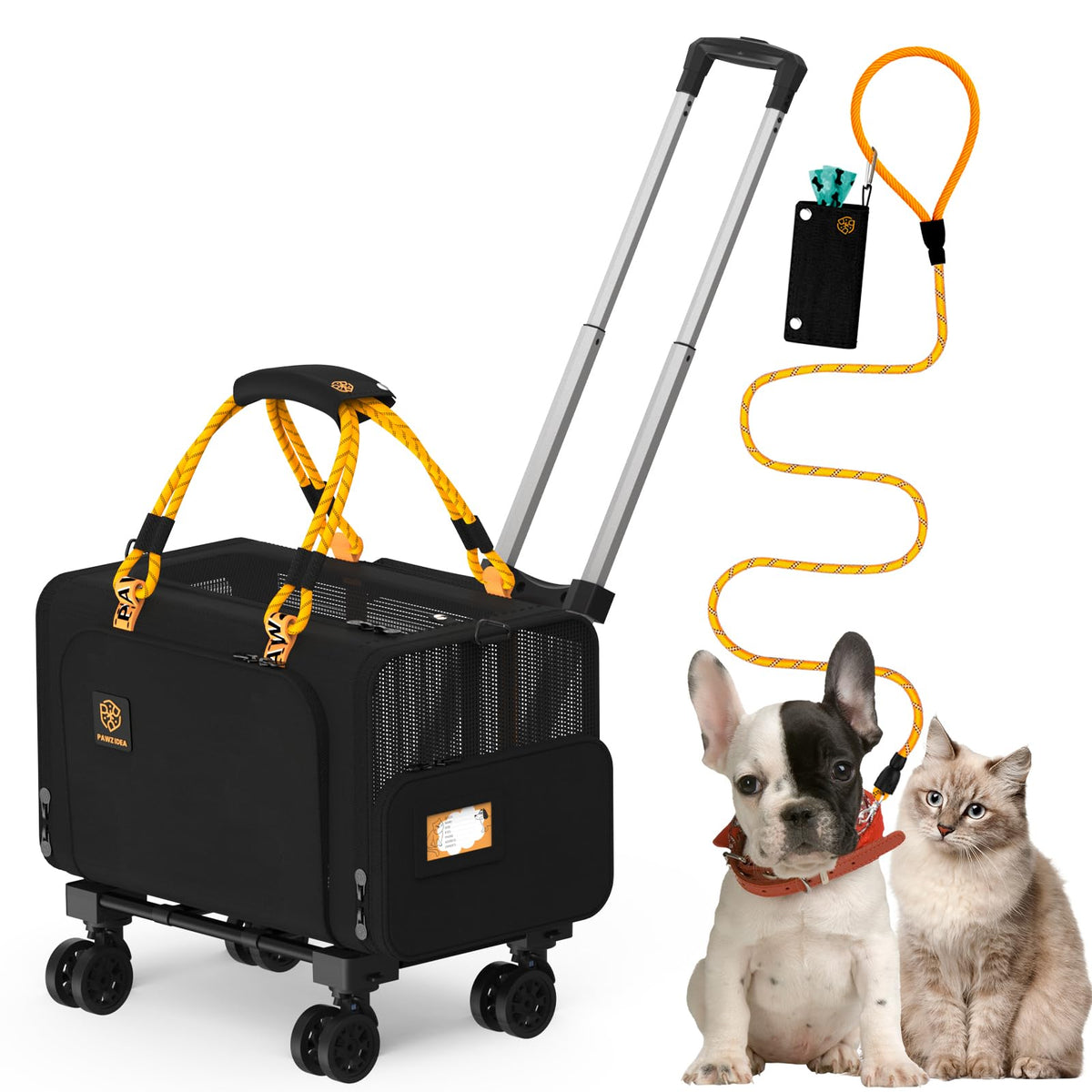 PAWZIDEA expandable under-seat carrier shows compact travel with spacious interior when unzipped.