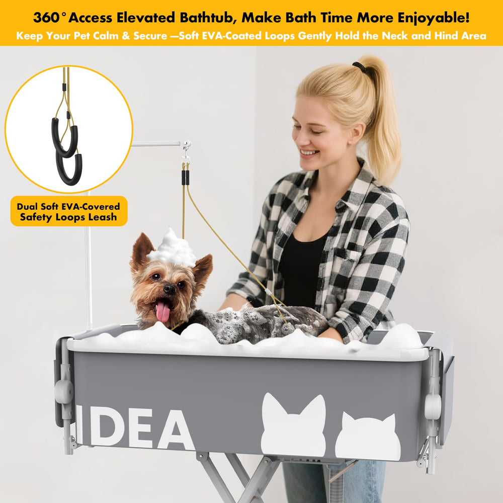 PAWZIDEA flat-base tub eliminates obstruction for comfortable pet bathing
