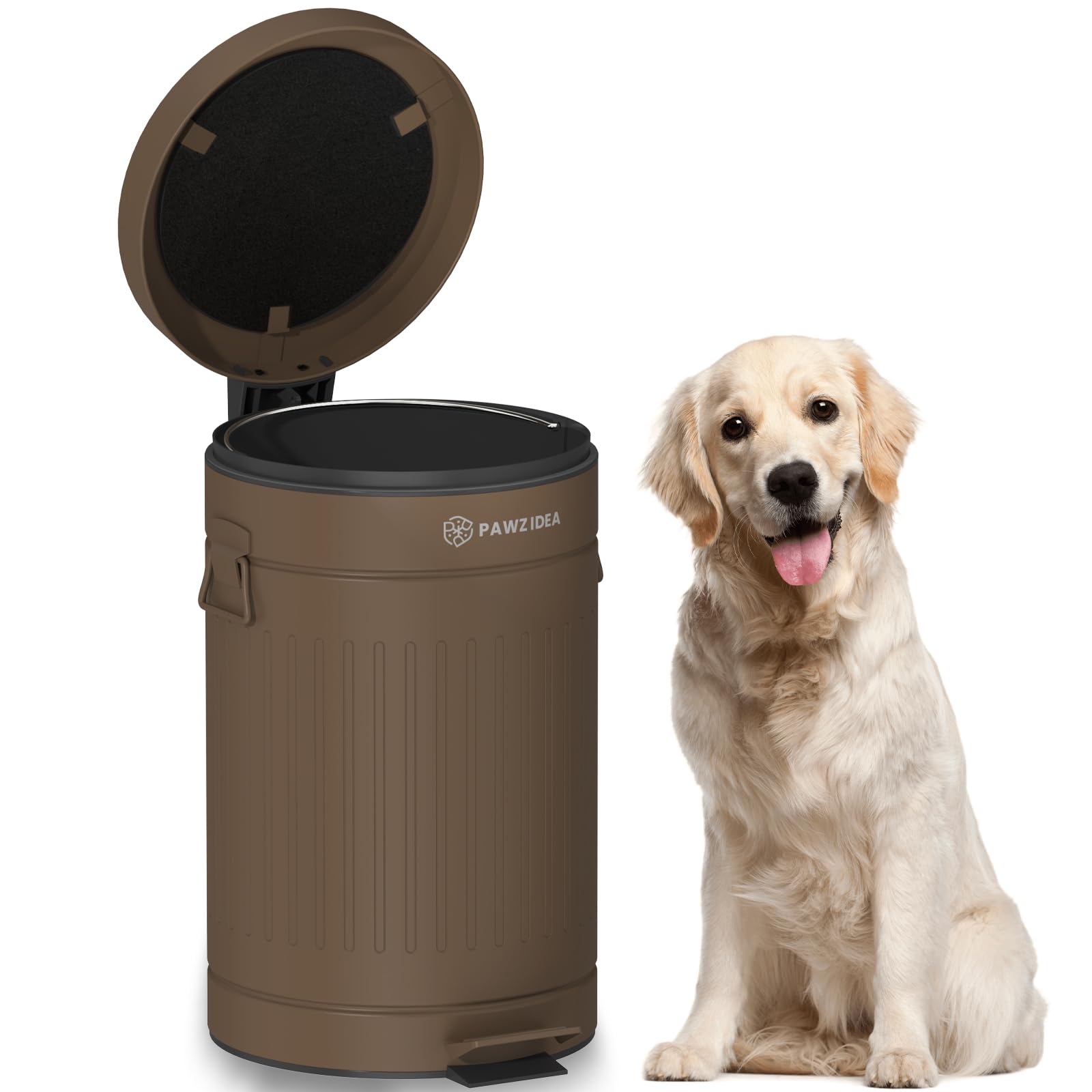 PAWZIDEA outdoor dog poop trash can with lid showcases secure odor containment for patios.