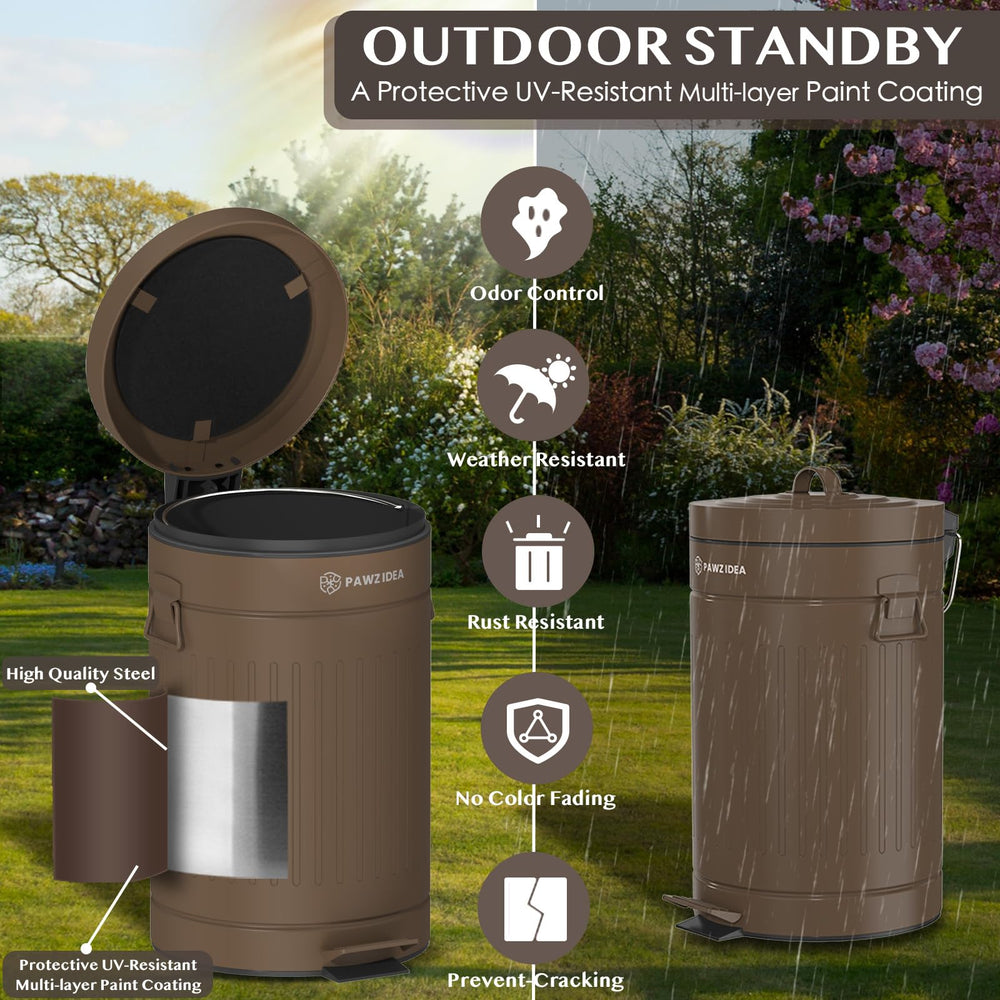 PAWZIDEA step-pedal trash can demonstrates hands-free waste disposal with soft-close action.