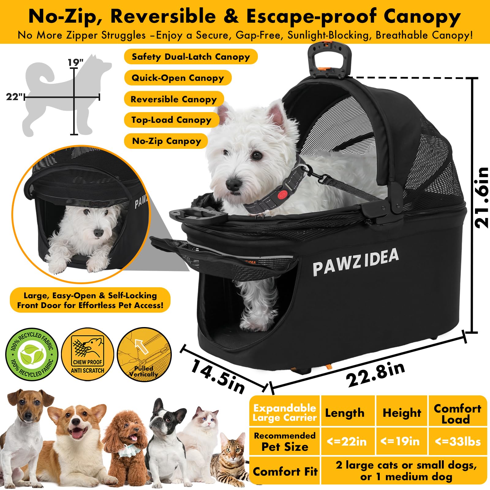 PAWZIDEA stroller no-zip canopy provides easy top access and extra headroom.