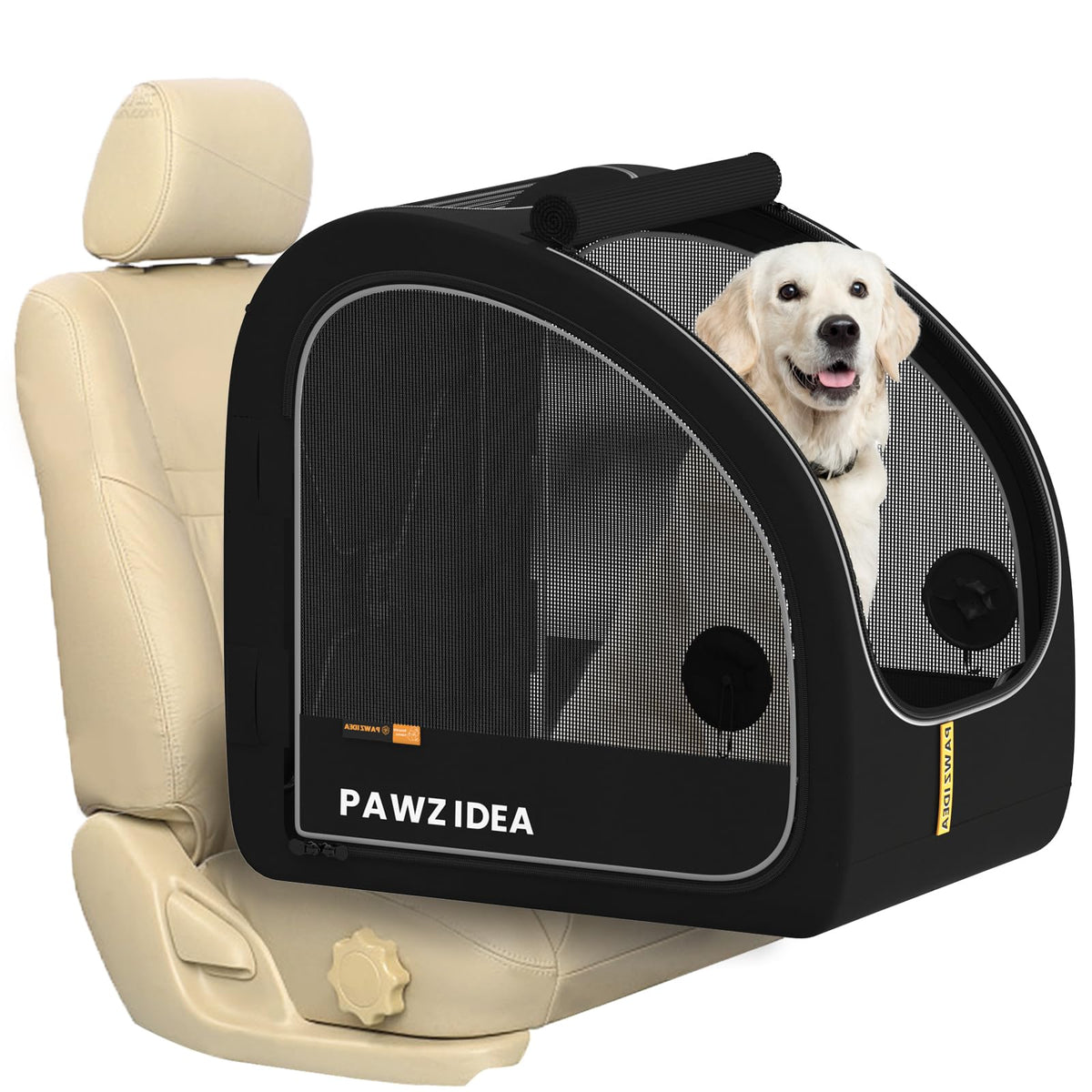 PAWZIDEA portable dog crate car travel interior showing extra room for medium to large dogs on road trips